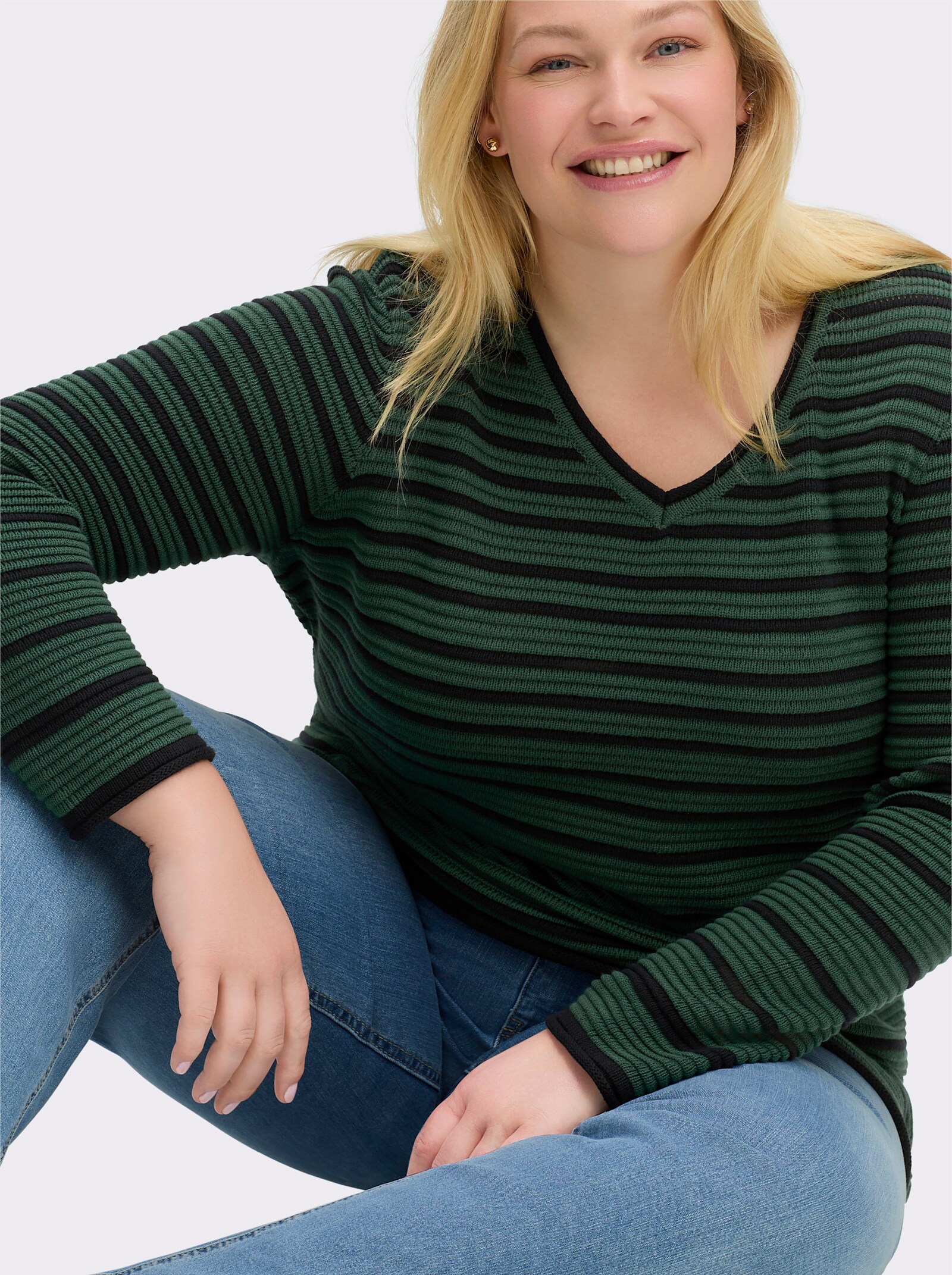 sheego Streifenpullover mit Rollkanten - moos-schwarz-geringelt