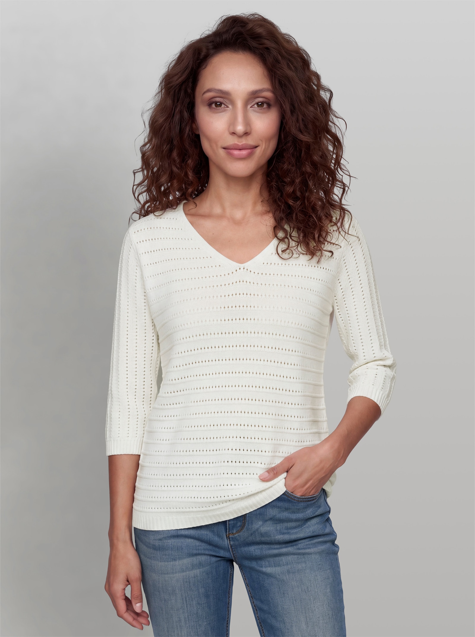 heine Ajourpullover mit V-Ausschnitt - ecru