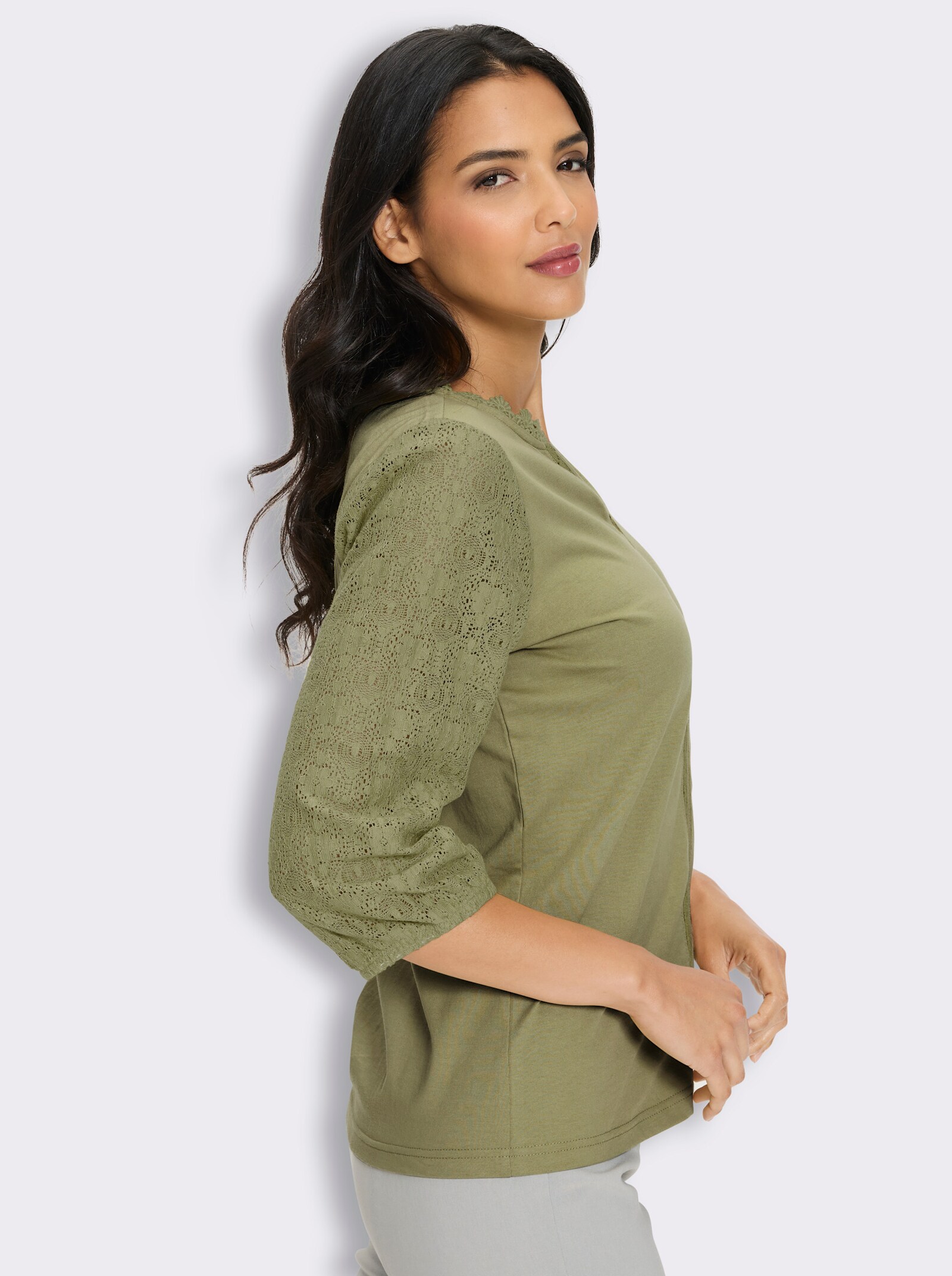 3/4-Arm-Shirt mit Spitzen-Ärmeln - schilf