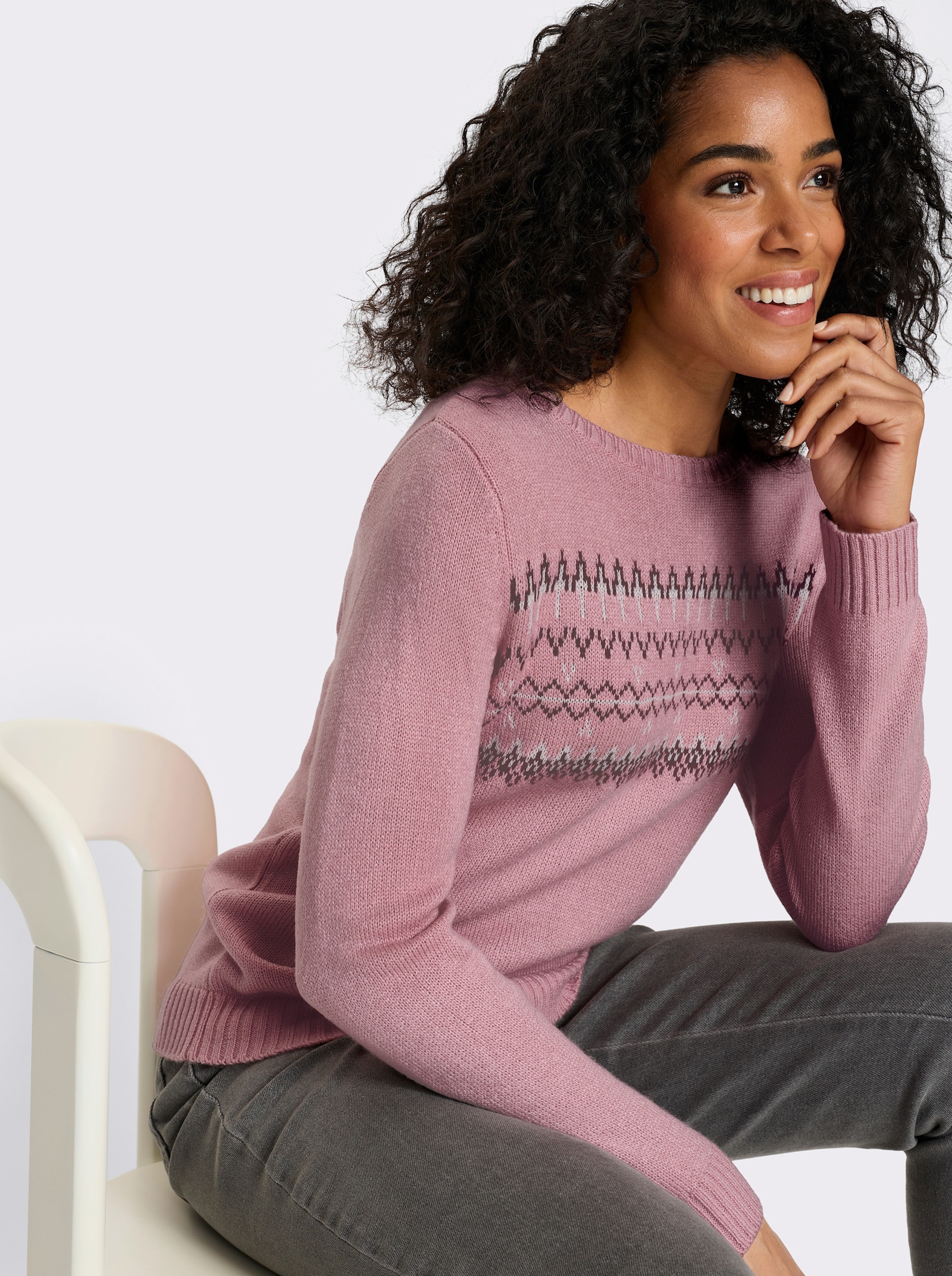 Langarm-Pullover mit Jacquard-Muster - hortensie-burgund-gemustert