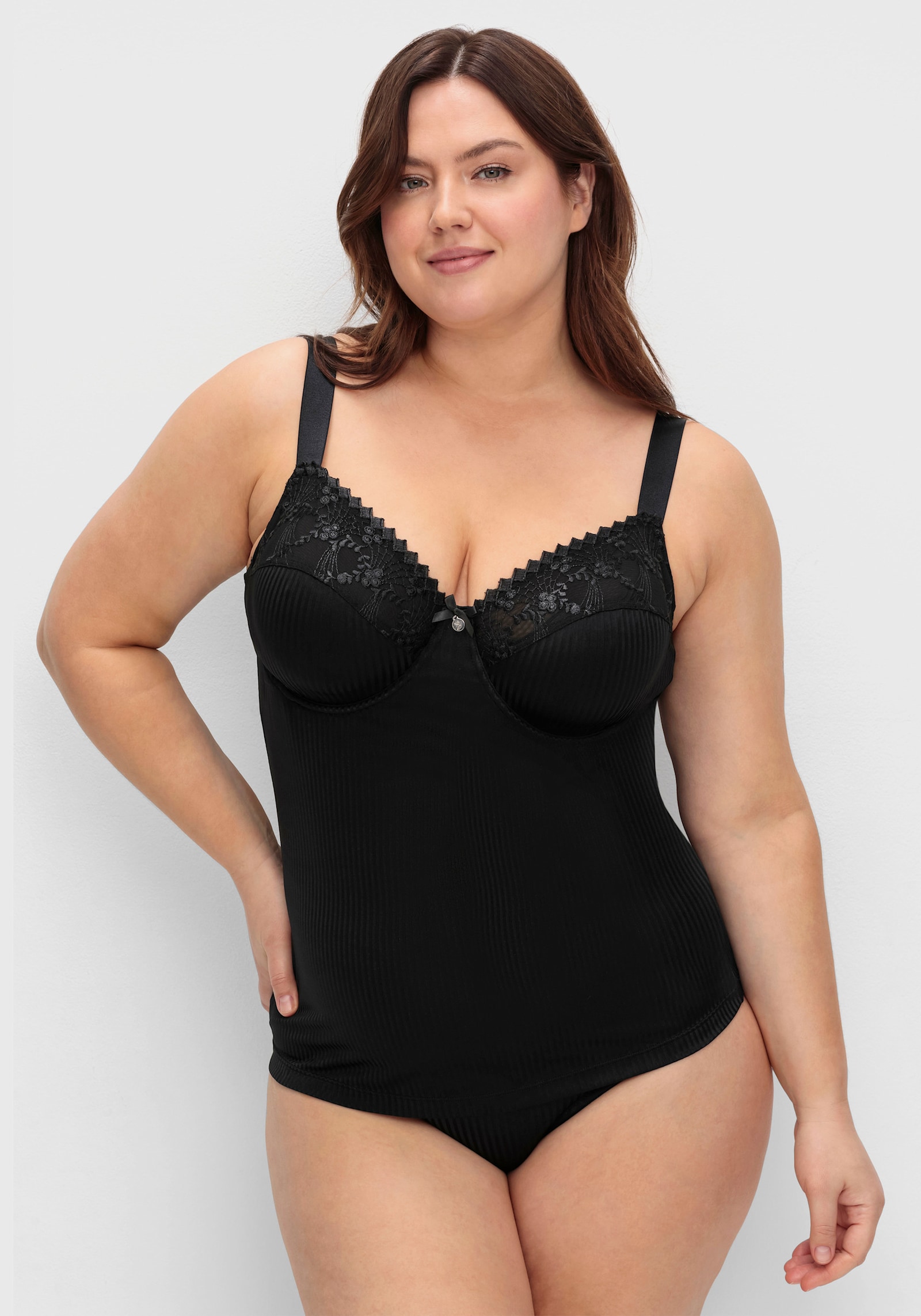 sheego BH-Hemd mit Spitzen-Cups und Streifen - schwarz