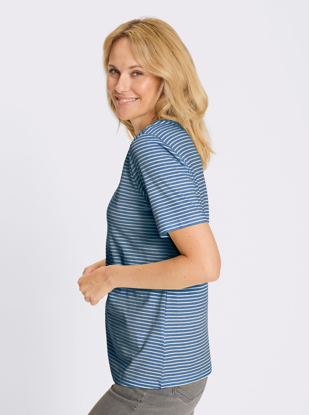 Ringelshirt - mittelblau-ecru-geringelt