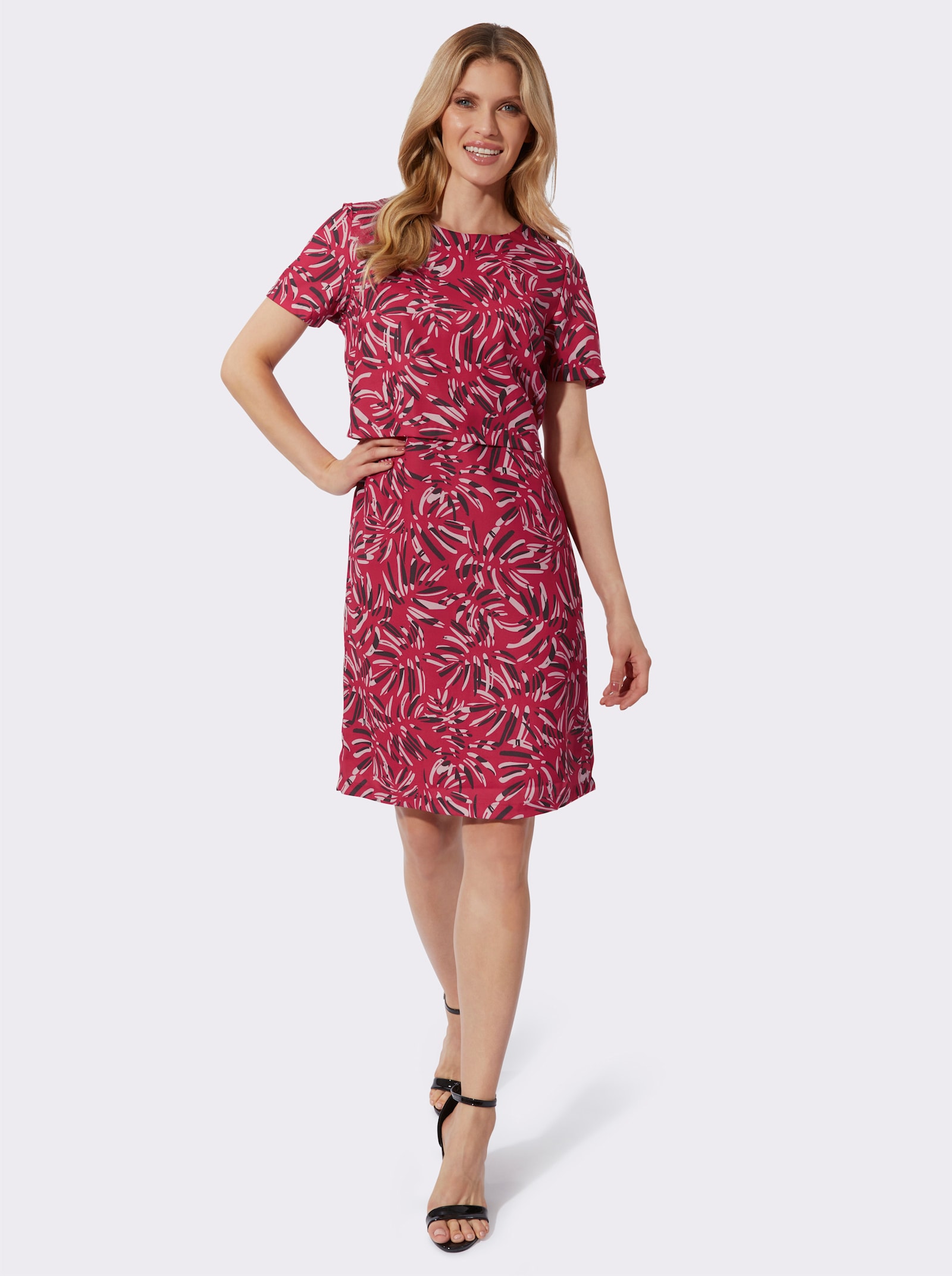 Bleistiftkleid in 2-in-1-Optik - rot-mauve-bedruckt
