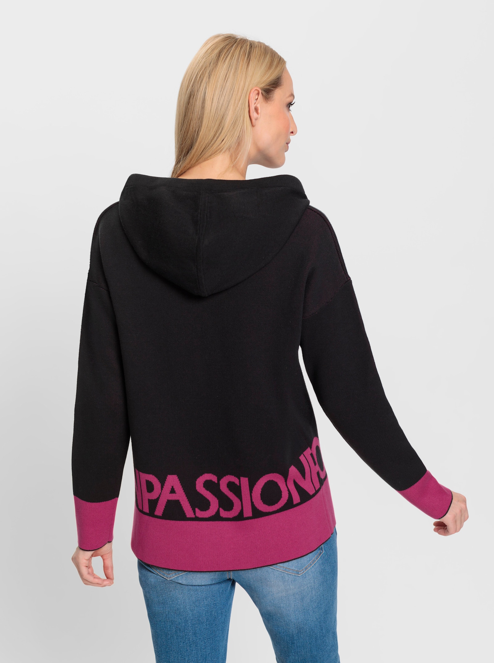 heine Kapuzenpullover mit Schriftzug - schwarz-fuchsia-gemustert