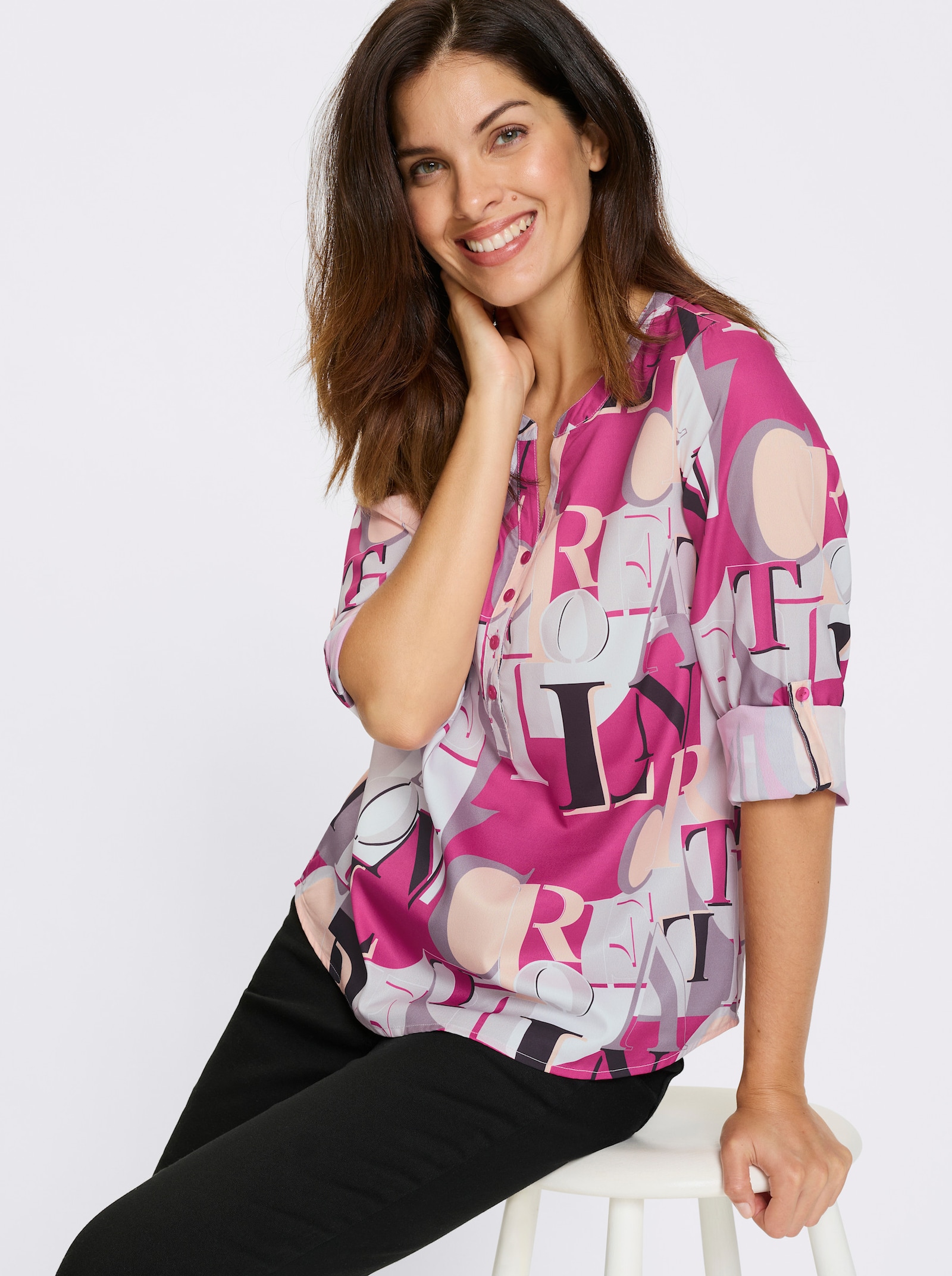 Langarmbluse mit Lettering-Druck - fuchsia-hellgrau-bedruckt