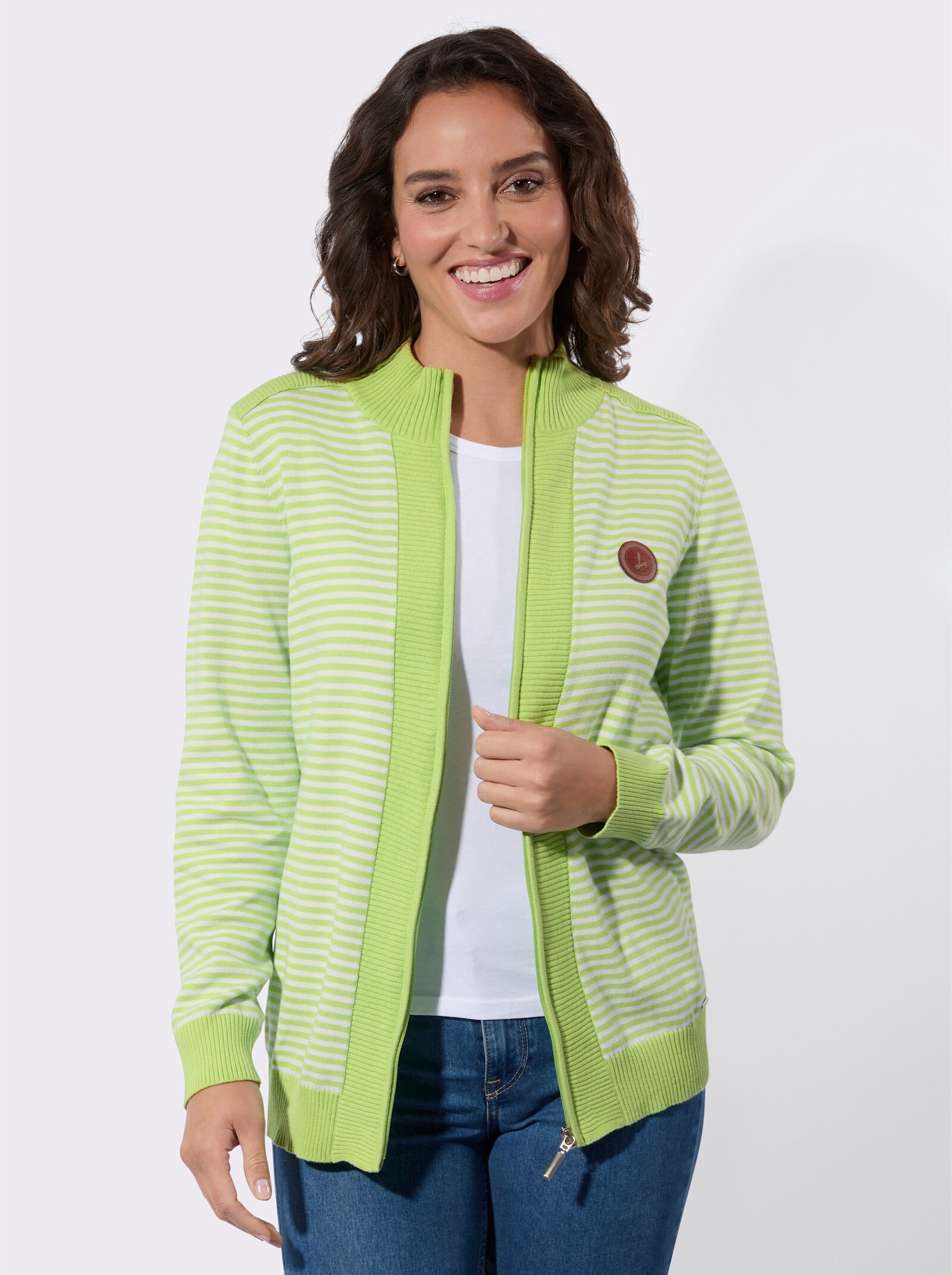 Strickjacke mit gerippten Einsätzen - reseda-weiß-geringelt