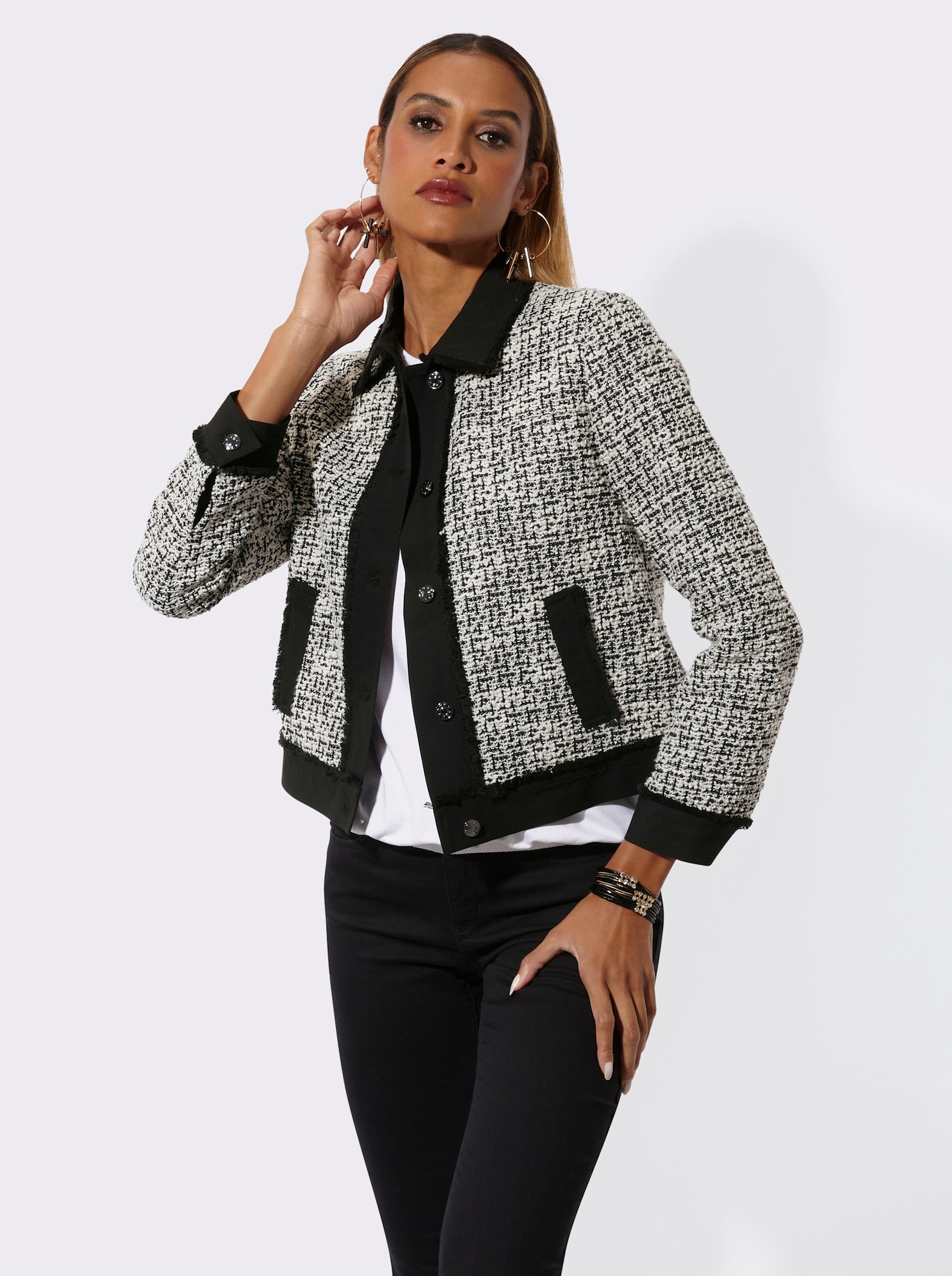 Blazer mit modischen Fransen - schwarz-ecru-gemustert