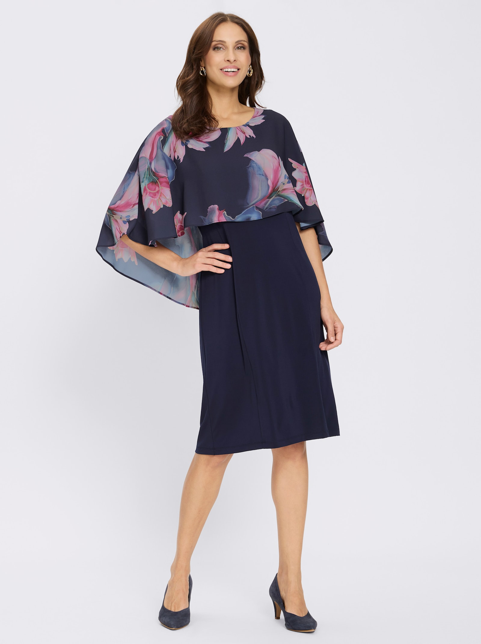 Cocktailkleid mit Cape in Chiffon-Qualität - marine-bordeaux-bedruckt