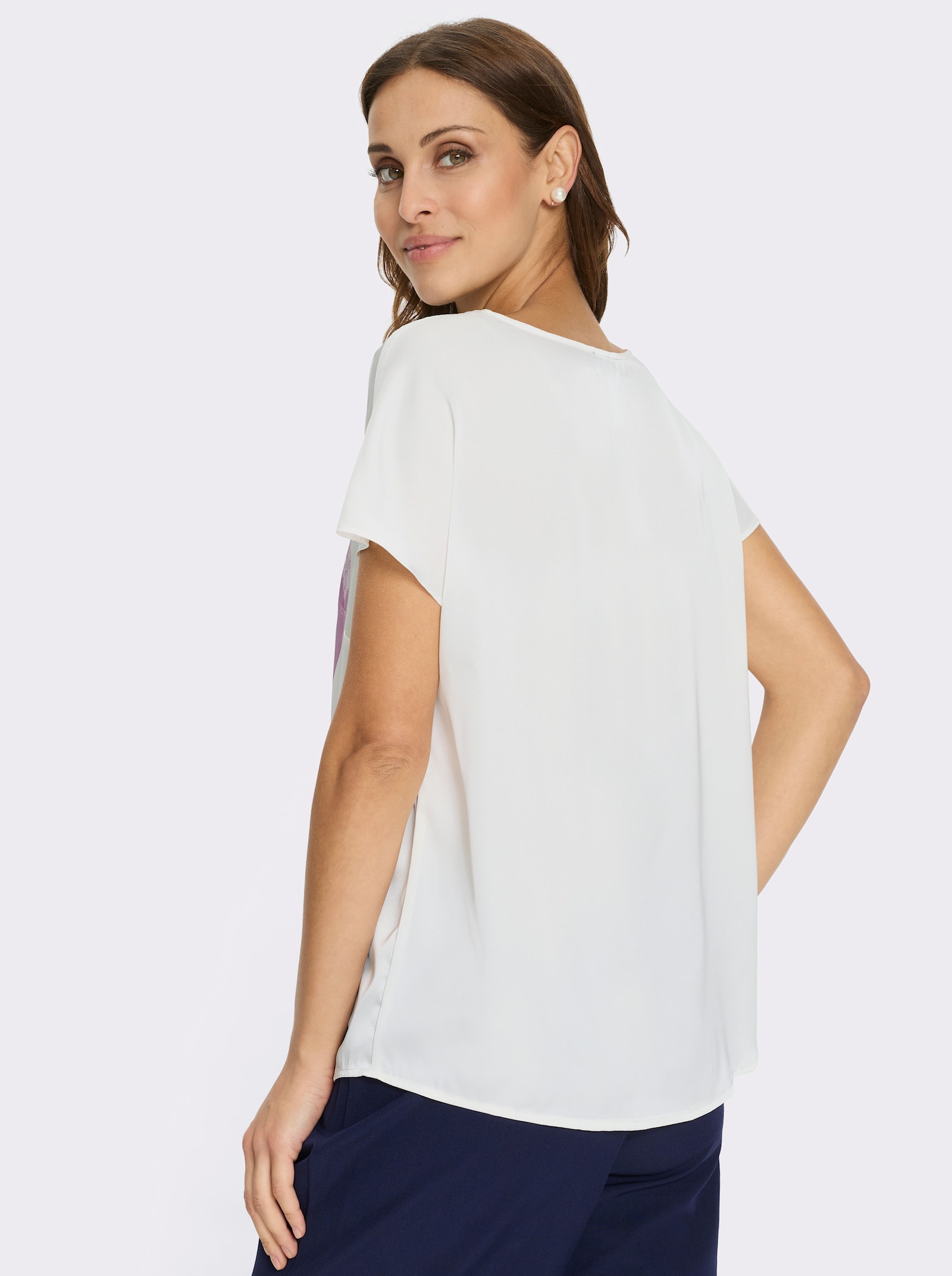 Satinbluse mit überschnittenen Schultern - ecru-bedruckt