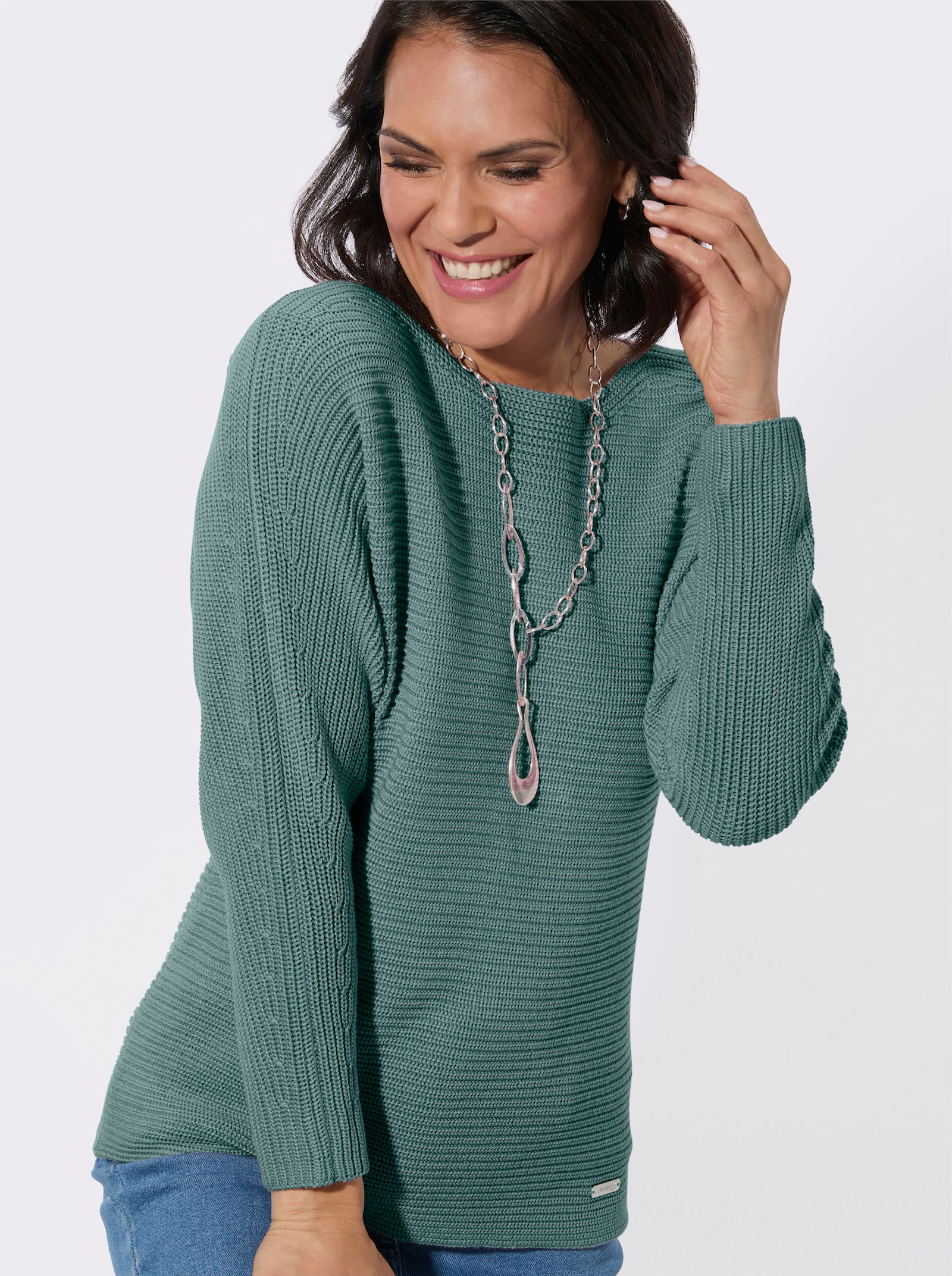 Langarm-Pullover mit U-Boot-Ausschnitt - jade