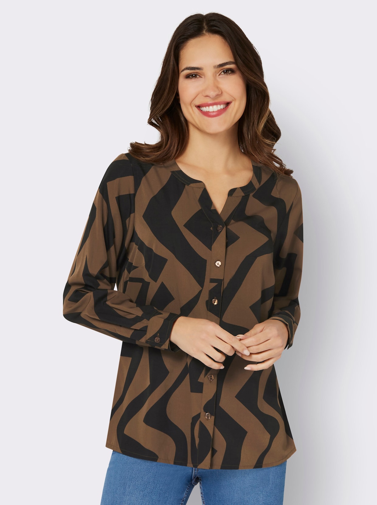 Blouse met lange mouwen - bruin/zwart bedrukt