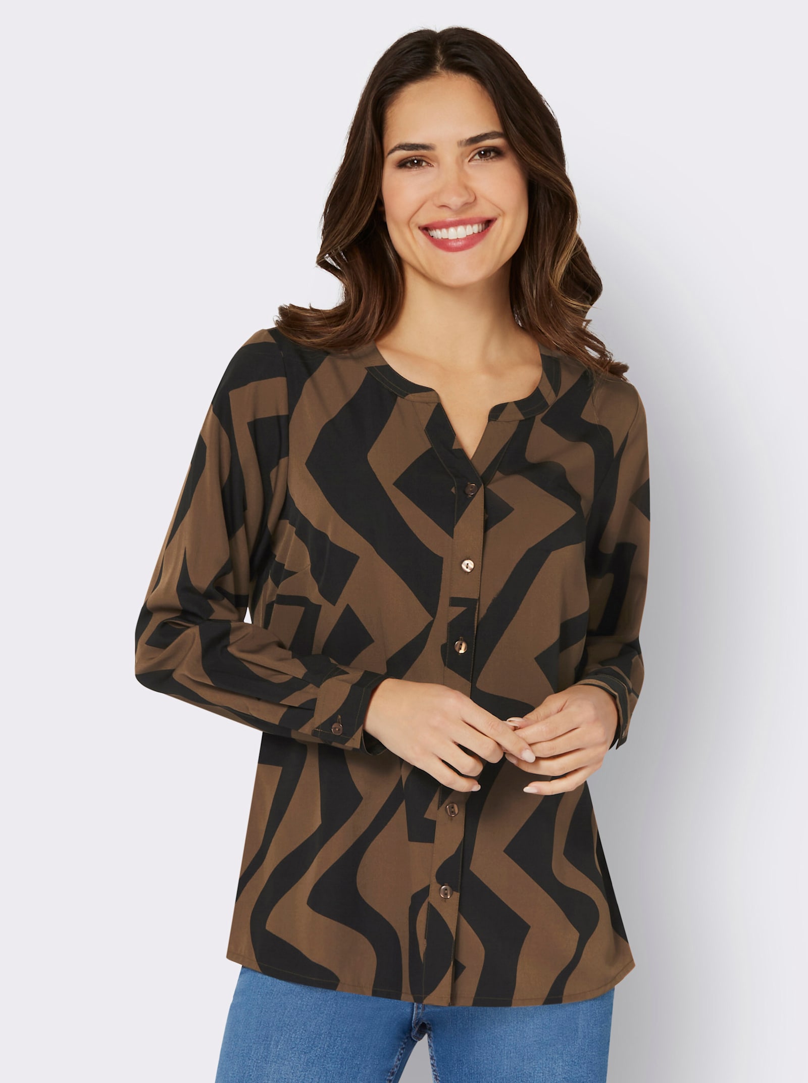 Blouse met lange mouwen en grafische print - bruin/zwart bedrukt