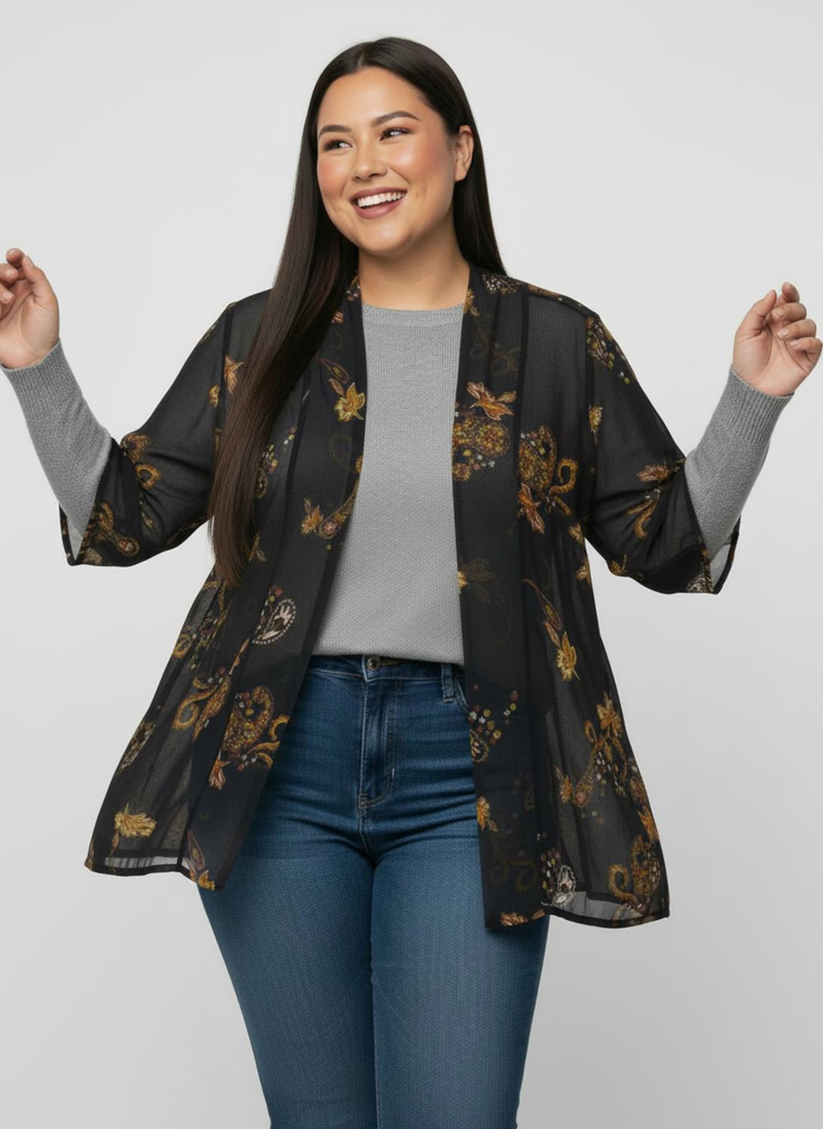 Longbluse in offener Form - schwarz-ocker-bedruckt