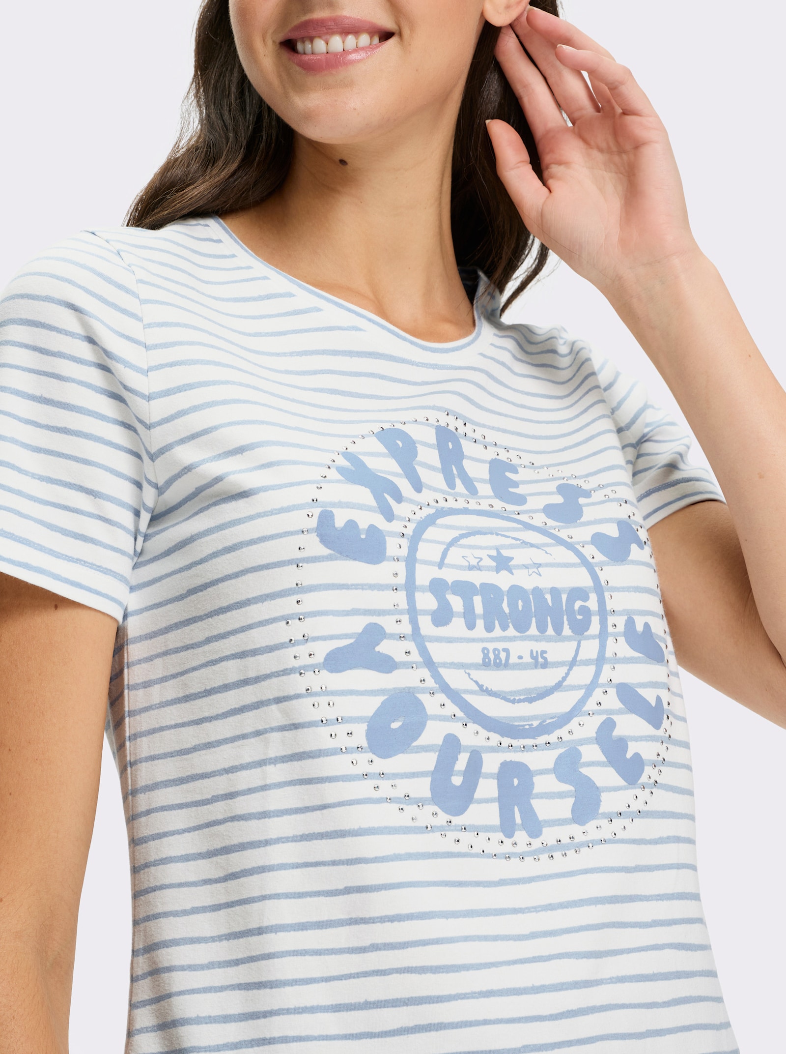 heine Rundhalsshirt mit Streifen-Dessin - ecru-eisblau-geringelt