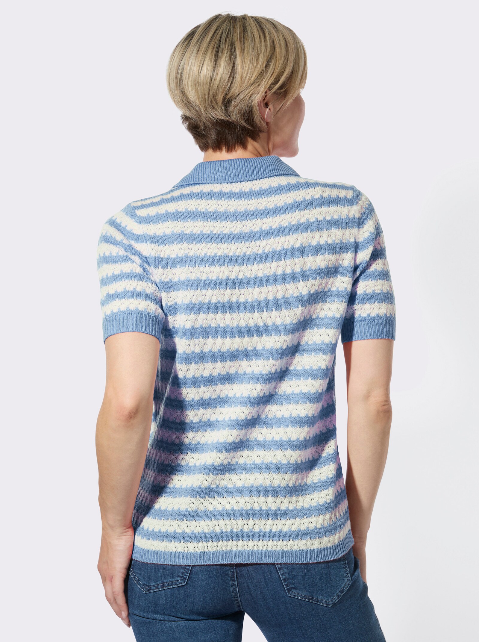 Polopullover mit Ajourmuster - bleu-ecru-geringelt