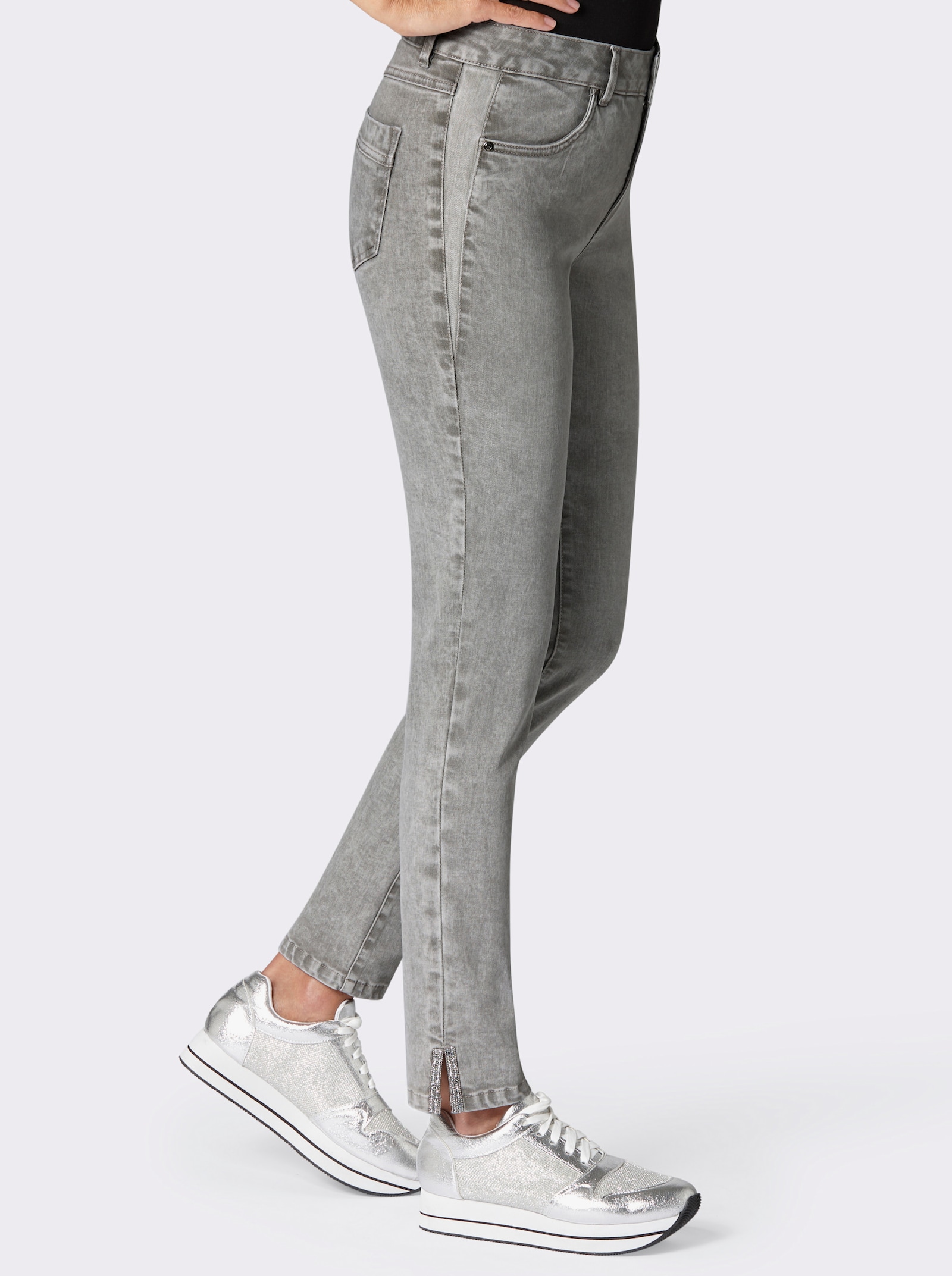 Stretch-Jeans mit Glitzersteinchen - grey-denim