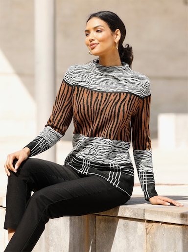 Jacquard-Pullover - schwarz-cognac-gemustert