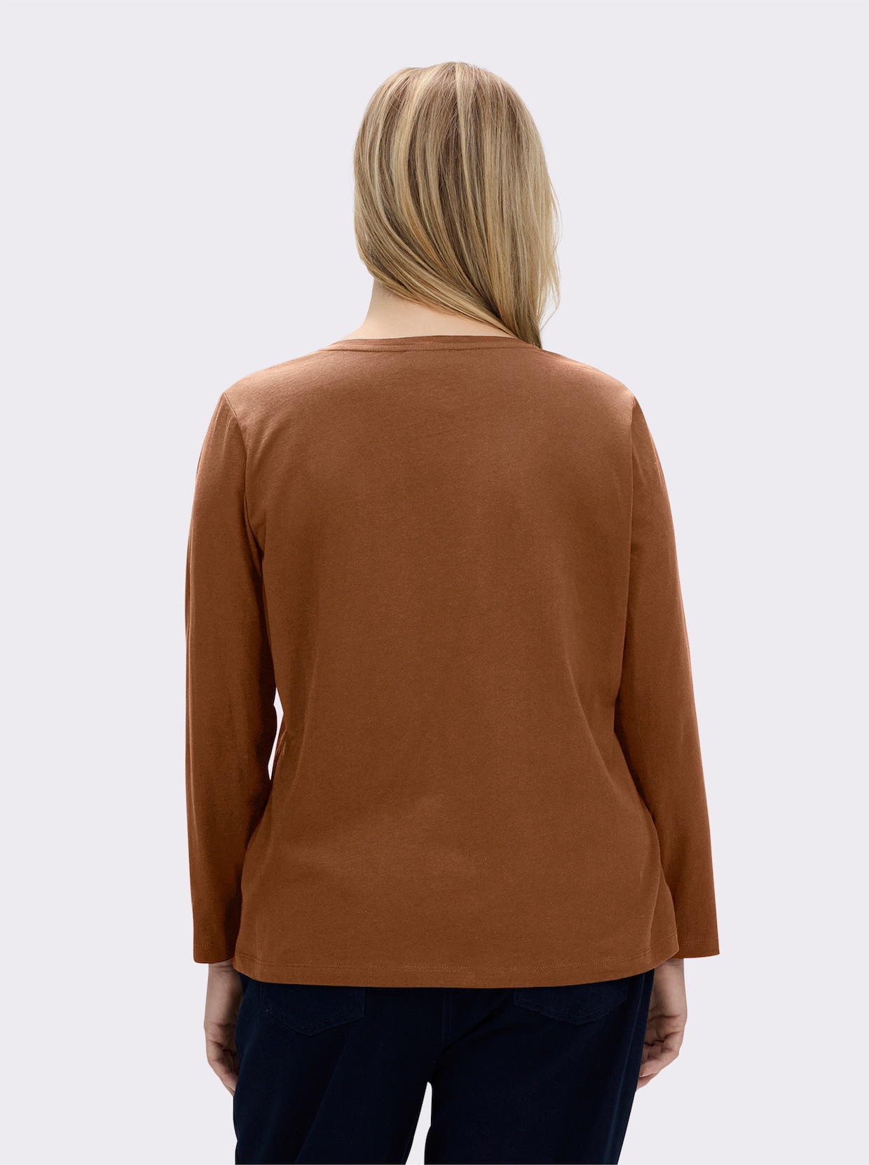 Langarmshirt mit Leder-Imitat-Patch - cognac