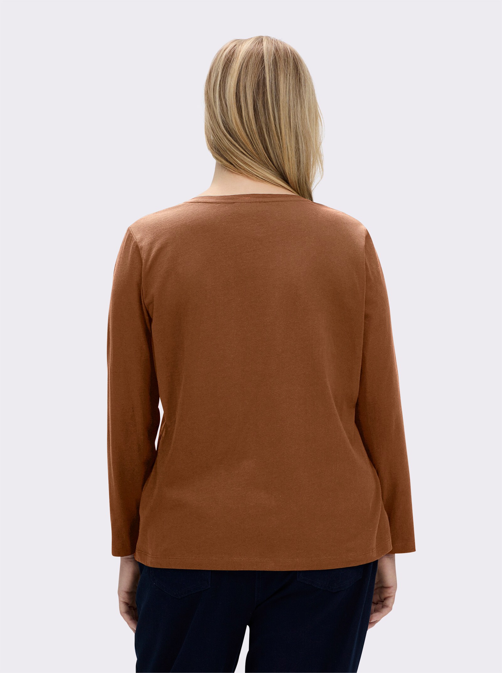 Langarmshirt mit Leder-Imitat-Patch - cognac