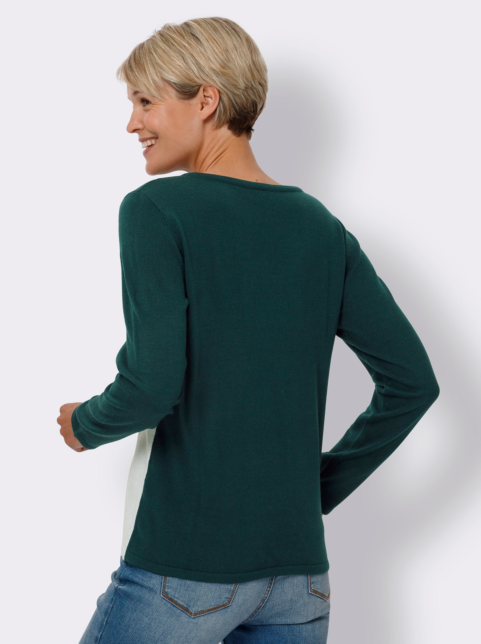 Svetr s dlouhým rukávem a širokými pruhy - petrolejová-ecru-vzor