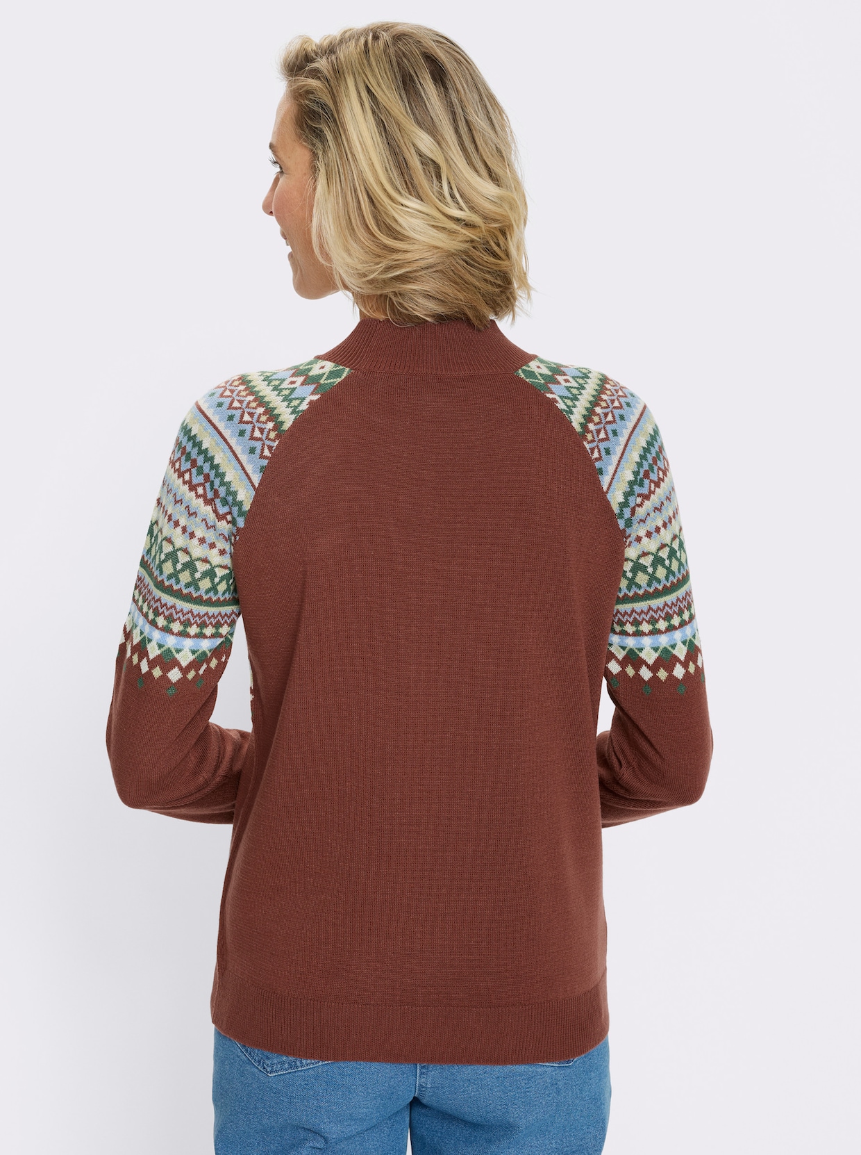 Norwegerpullover mit Raglan-Ärmeln - rotbraun-himmelblau-gemustert