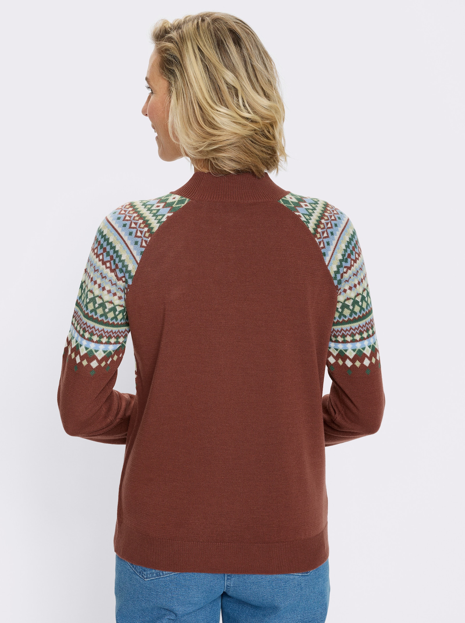 Norwegerpullover mit Raglan-Ärmeln - rotbraun-himmelblau-gemustert