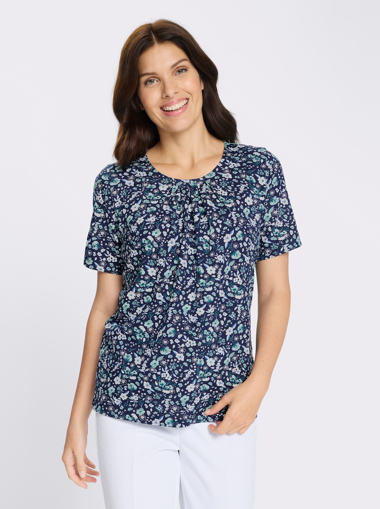 Kurzarmshirt mit floralem Allover-Druck - marine-jade-bedruckt