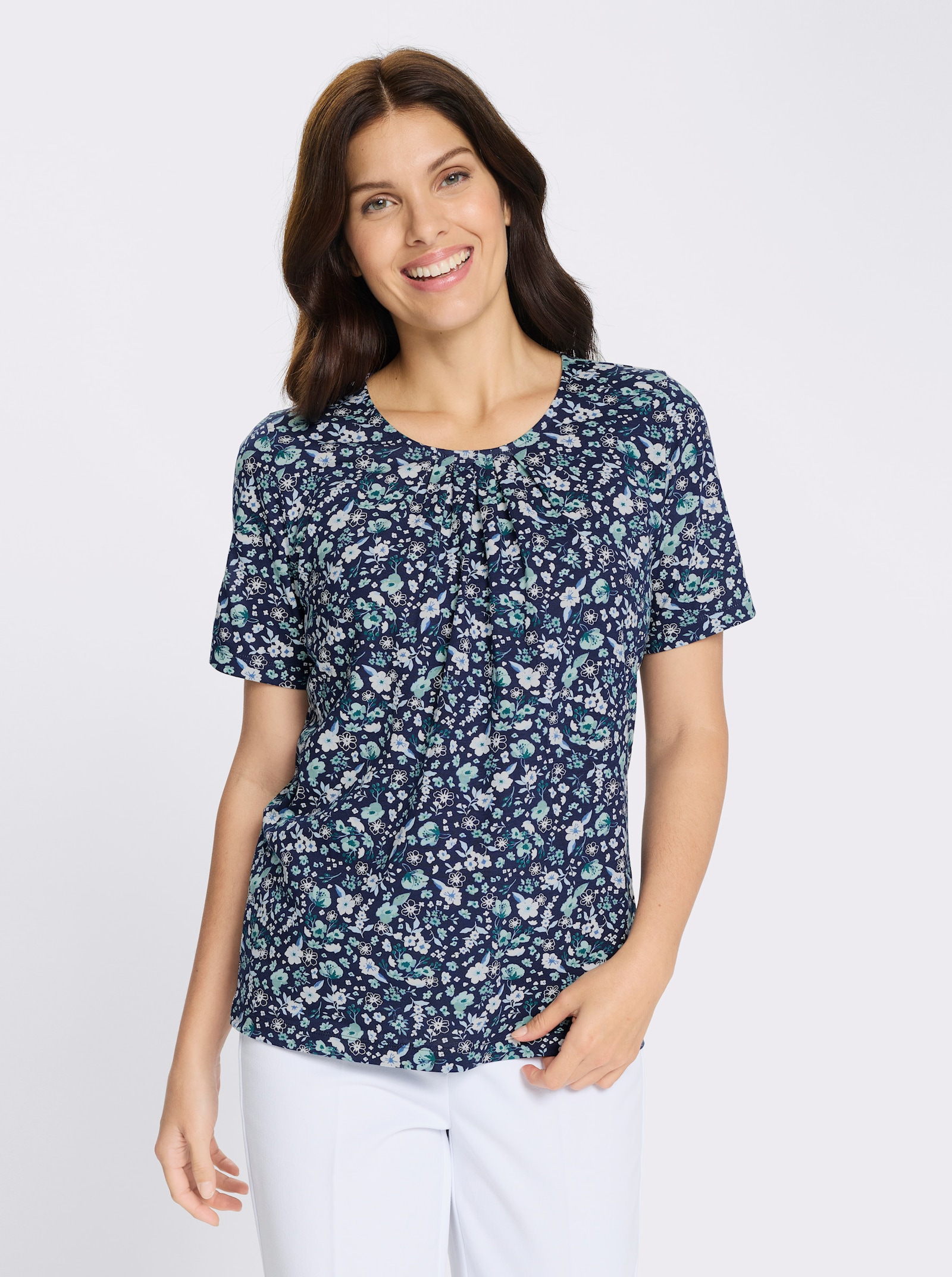 Kurzarmshirt mit floralem Allover-Druck - marine-jade-bedruckt