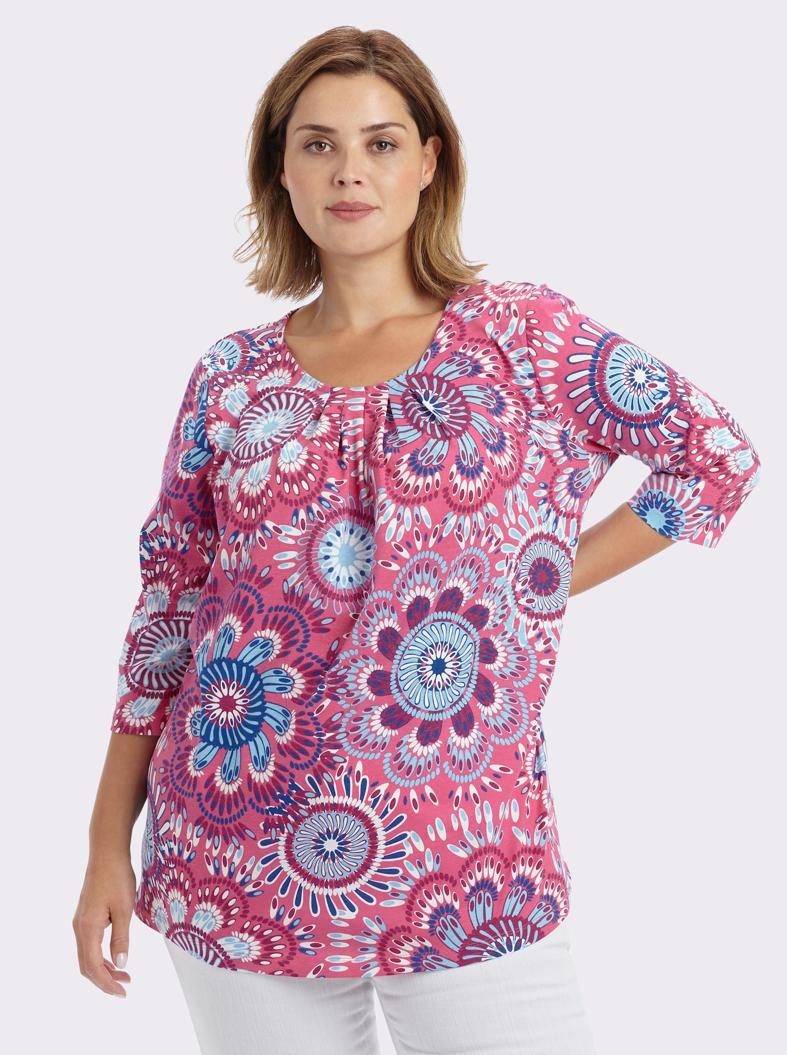 Longshirt in leichter A-Linie - fuchsia-aqua-bedruckt