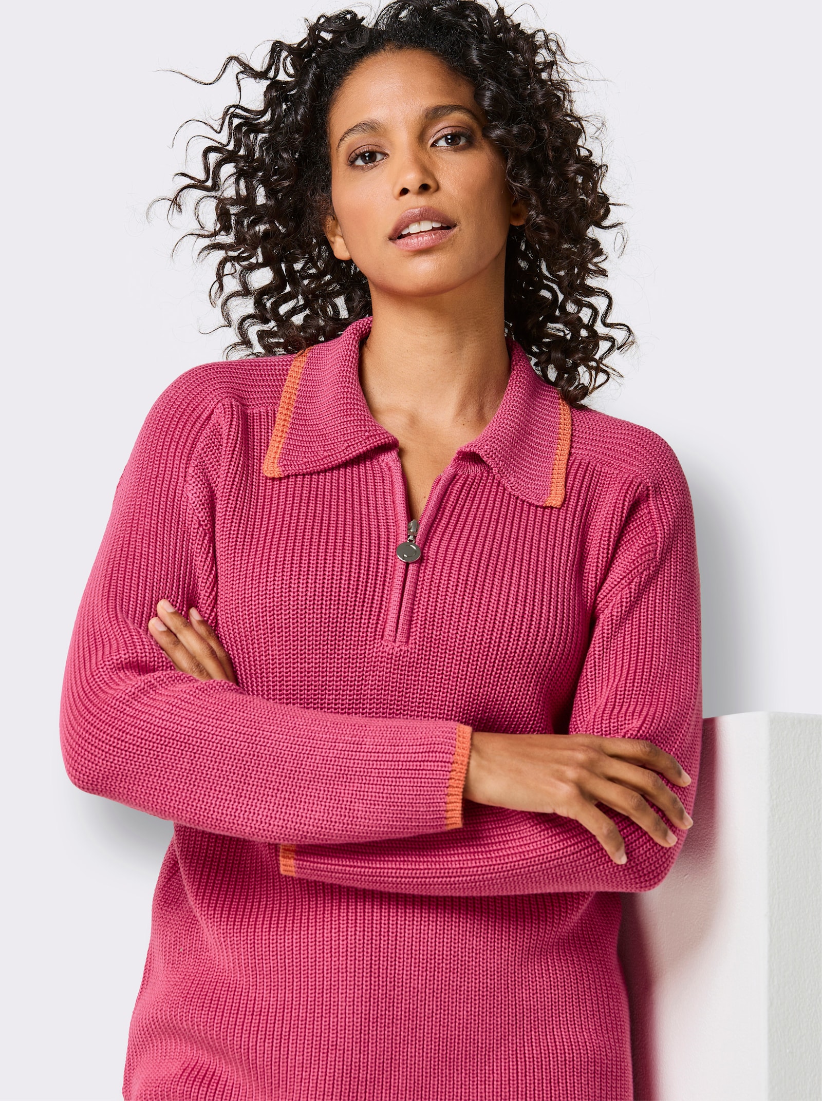CREATION L PREMIUM Polopullover in Feinripp-Struktur - fuchsia