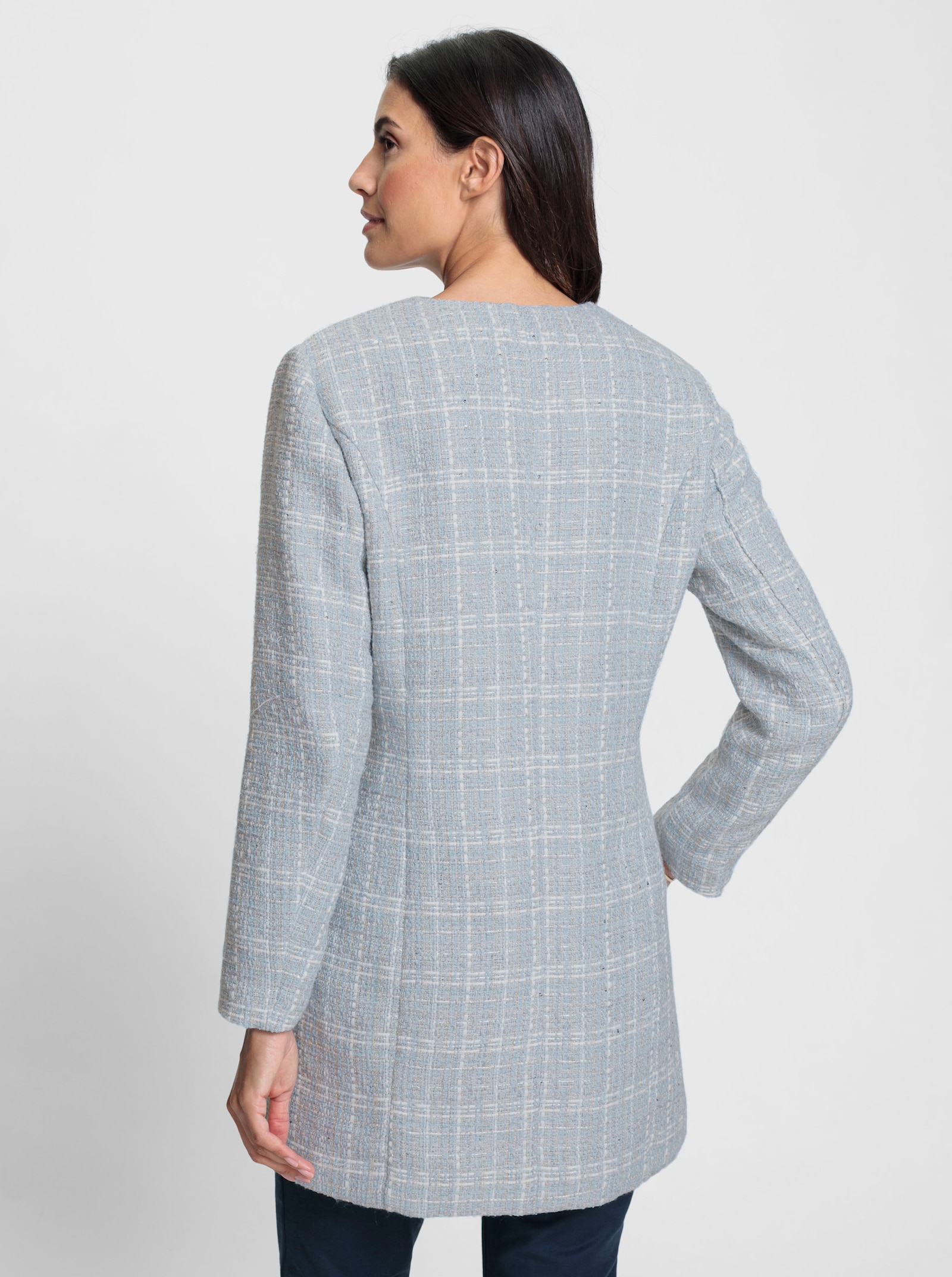 Longblazer mit Pailletten - hellblau-ecru-kariert