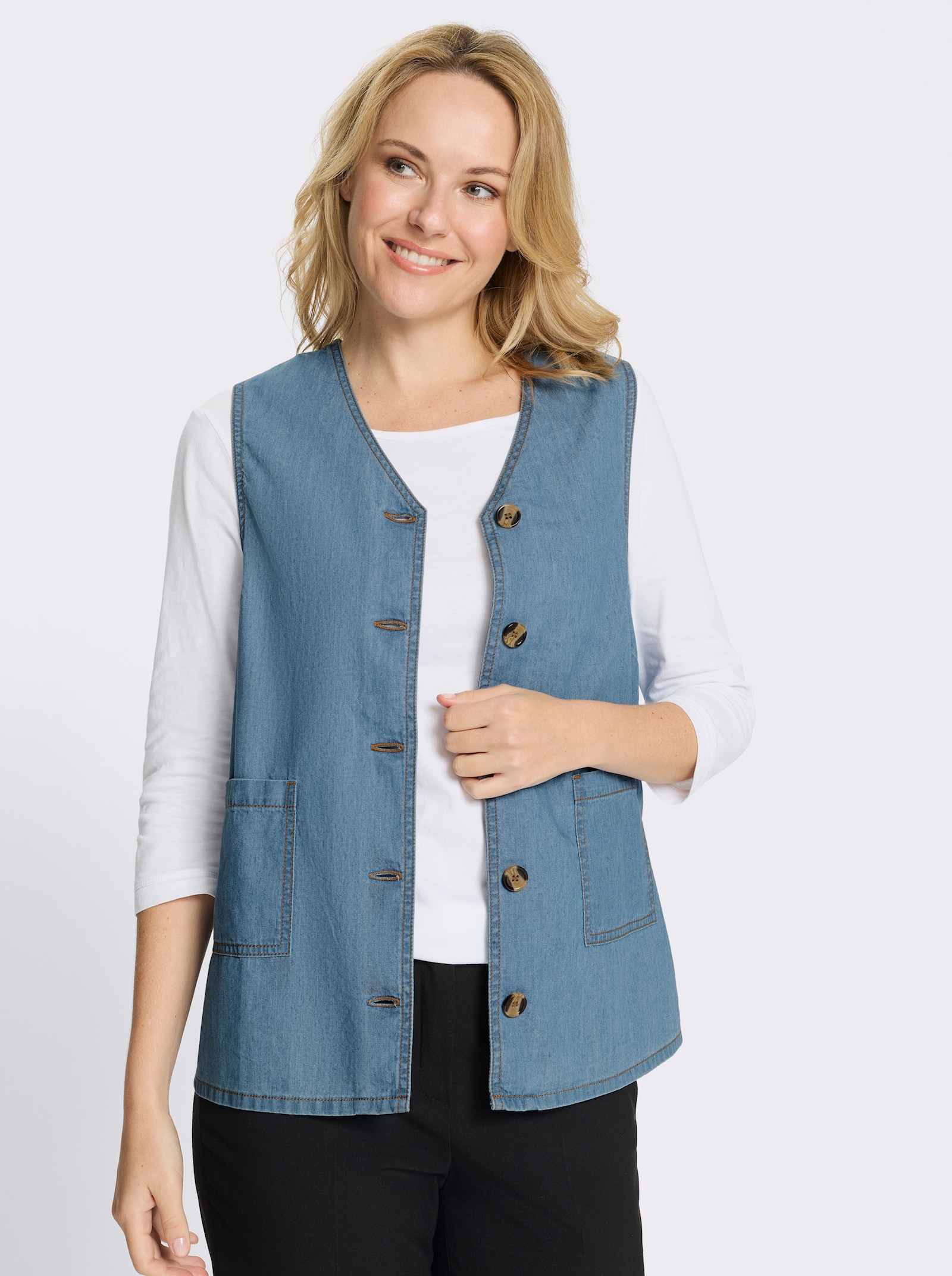 Jeansweste mit Knöpfen in Horn-Optik - blue-bleached