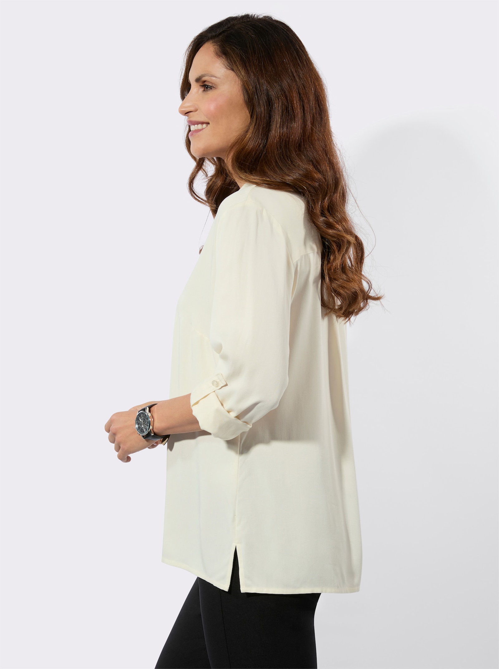 Langarm-Bluse mit Reissverschluss - champagner-schwarz