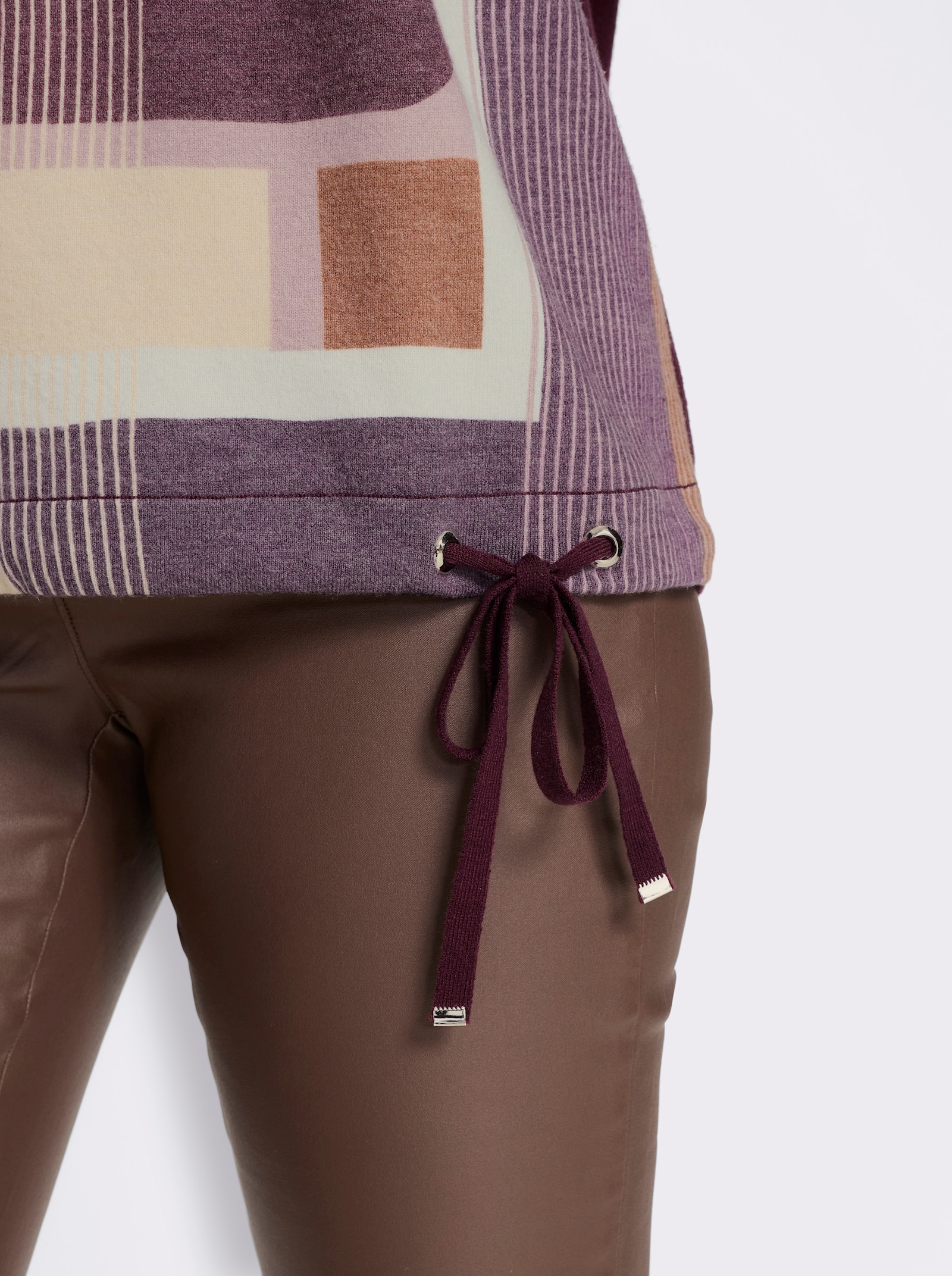 heine Langarm-Pullover mit Tunnelzug und Bindeband - burgund-mauve-bedruckt