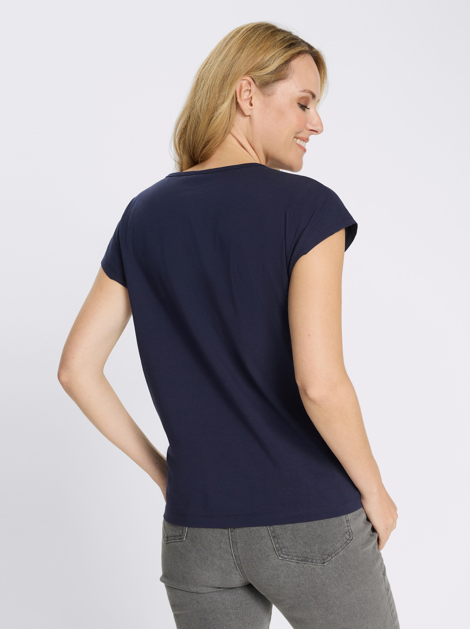 Kurzarmshirt mit Blumenmuster - marine-weiß