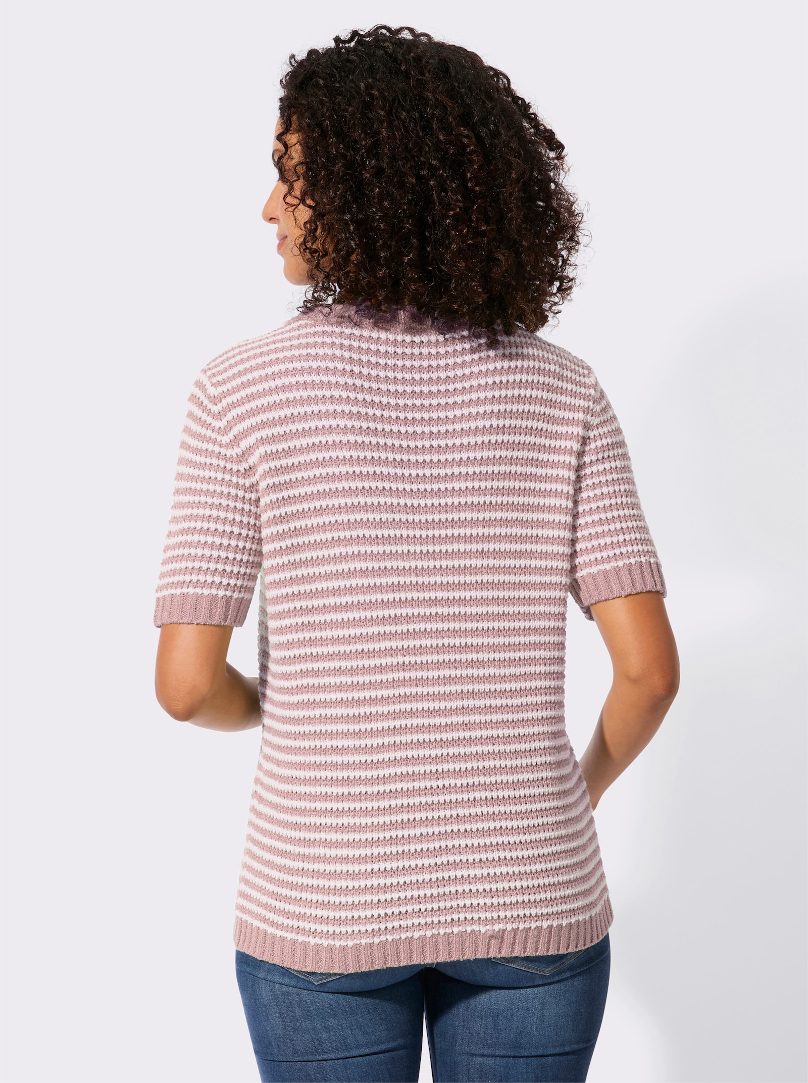 Kurzarmpullover im Ringelmuster - mauve-ecru-geringelt