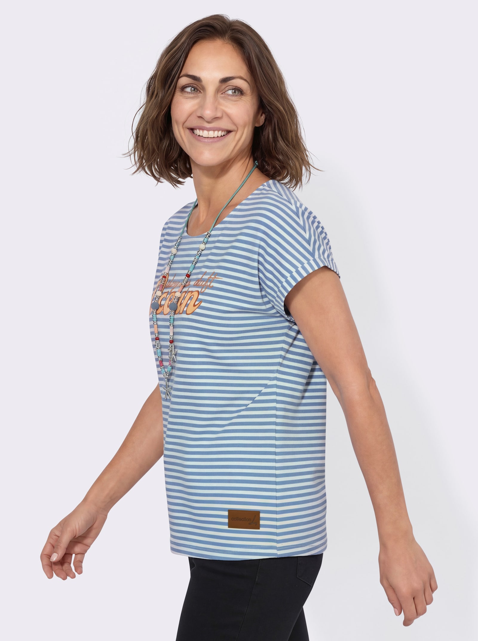 Ringelshirt mit Frontdruck - mittelblau-ecru-geringelt