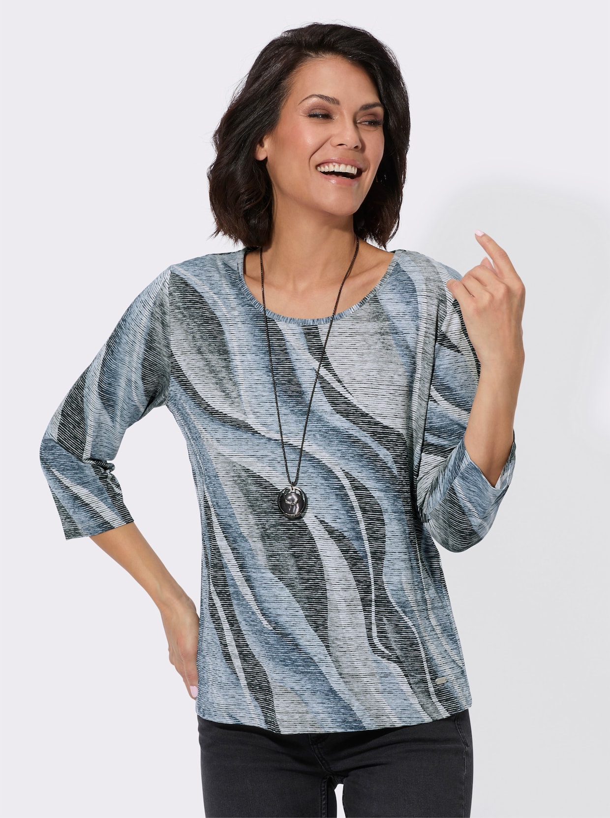 Shirt met ronde hals - duifblauw/lichtgrijs bedrukt