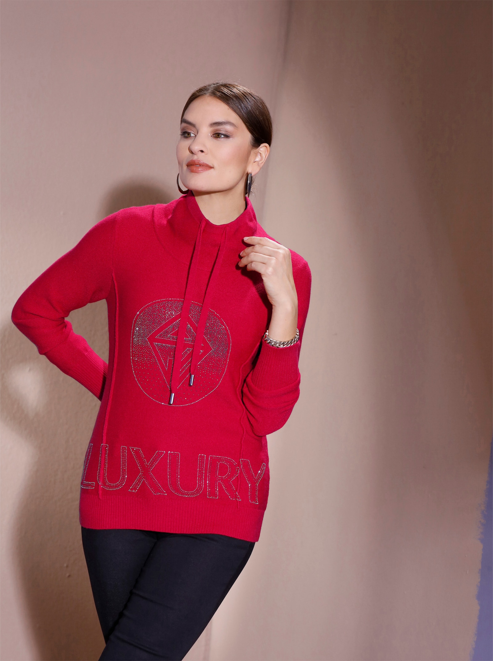 Langarm-Pullover mit weitem Rollkragen - rot