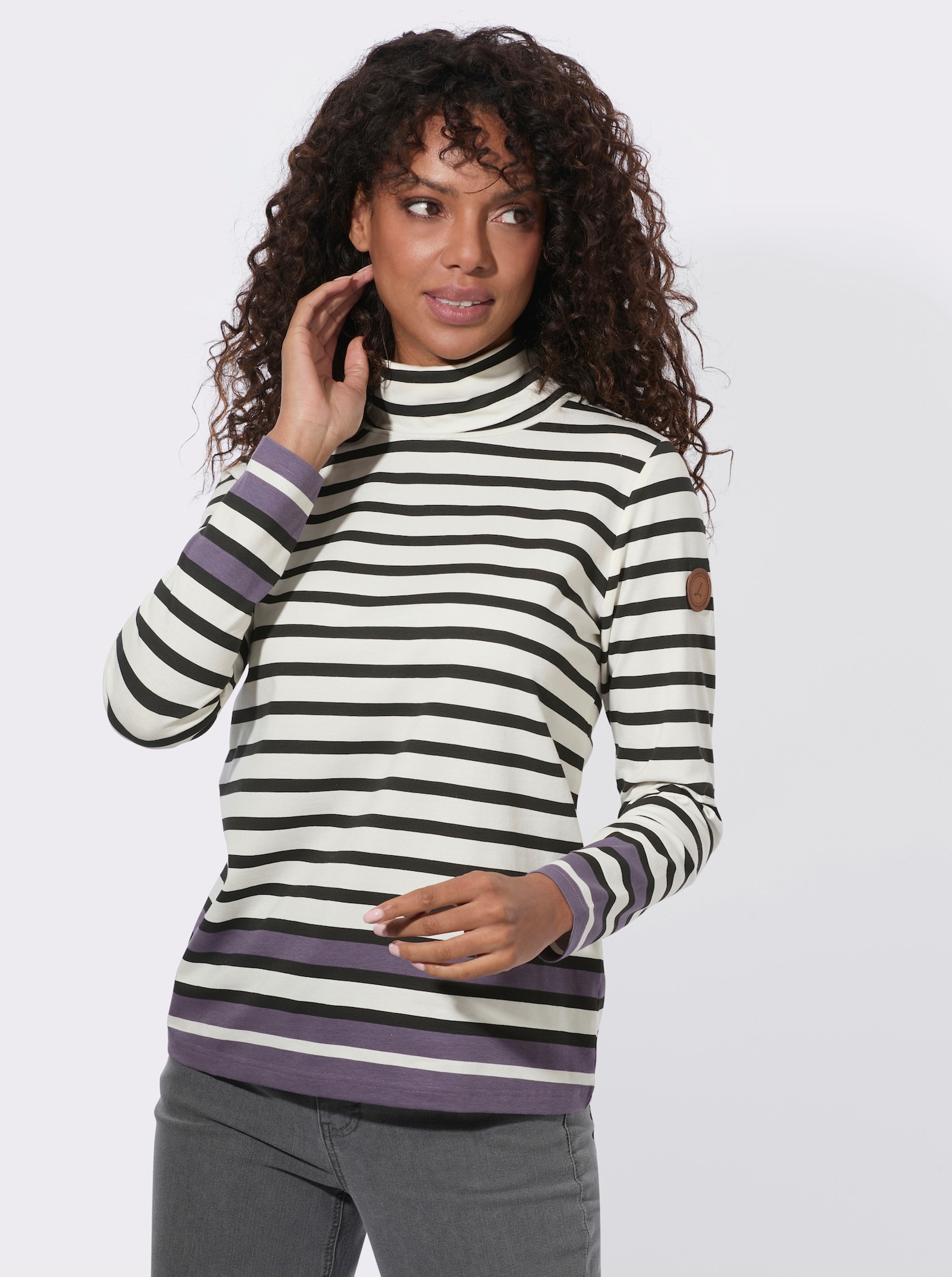 Ringelshirt mit Rollkragen - champagner-schwarz-geringelt