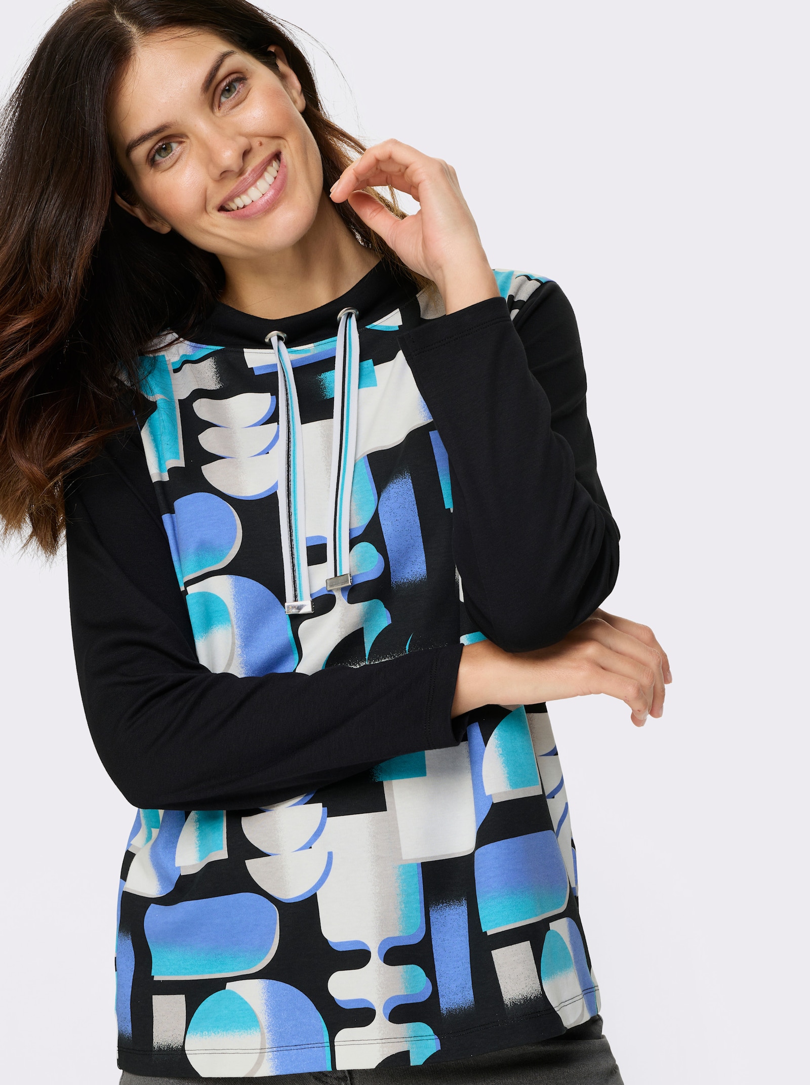 Sweatshirt mit halsfernem Stehkragen - türkis-schwarz-bedruckt