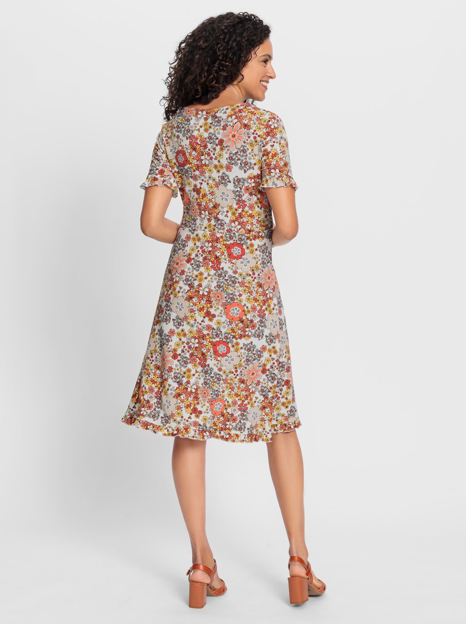 Jerseykleid in Wickel-Optik - ecru-papaya-bedruckt