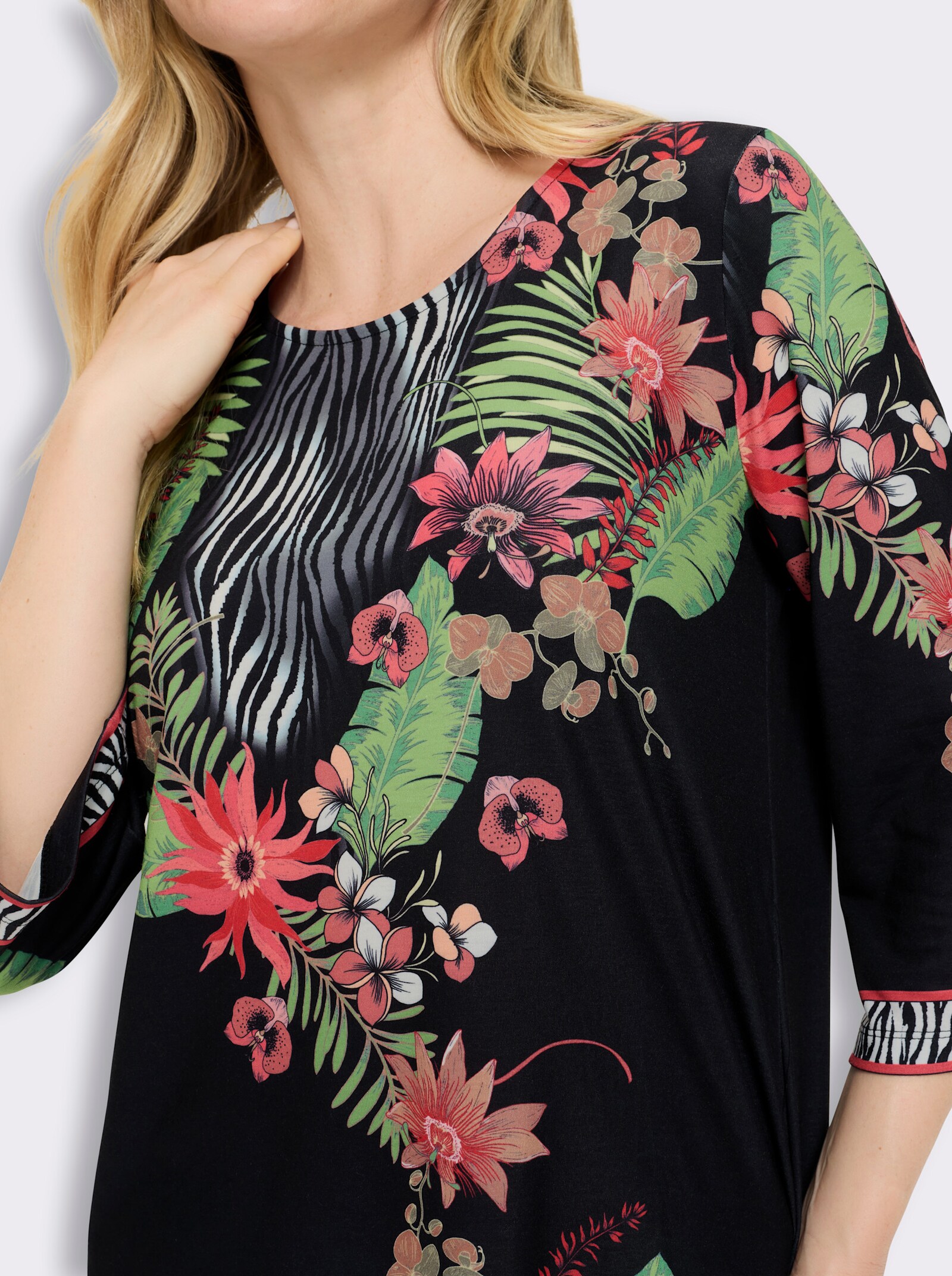 Tunikashirt mit Bordüren-Druck - schwarz-flamingo-bedruckt