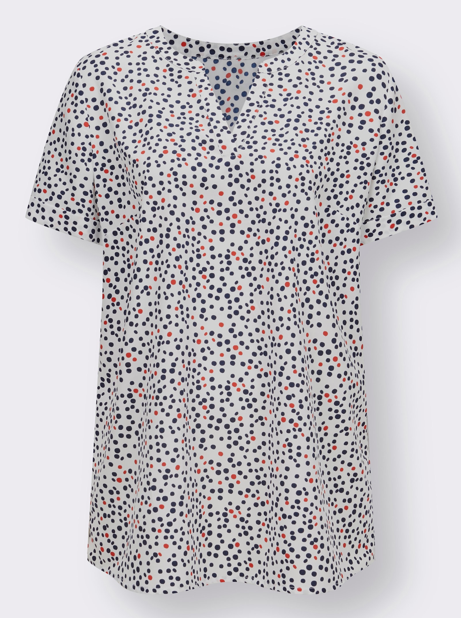 Lange blouse met vaste mouwomslag - ecru/rood bedrukt