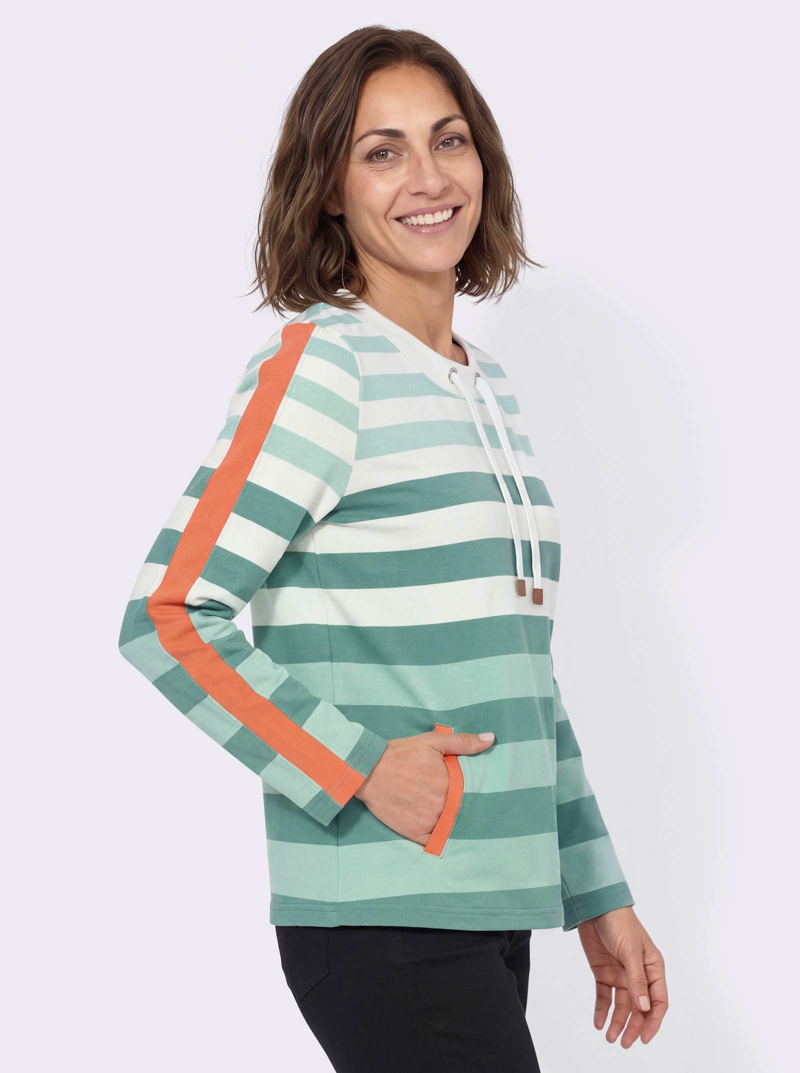 Sweatshirt mit Ringeln und Kontrast-Details - jade-ecru-geringelt
