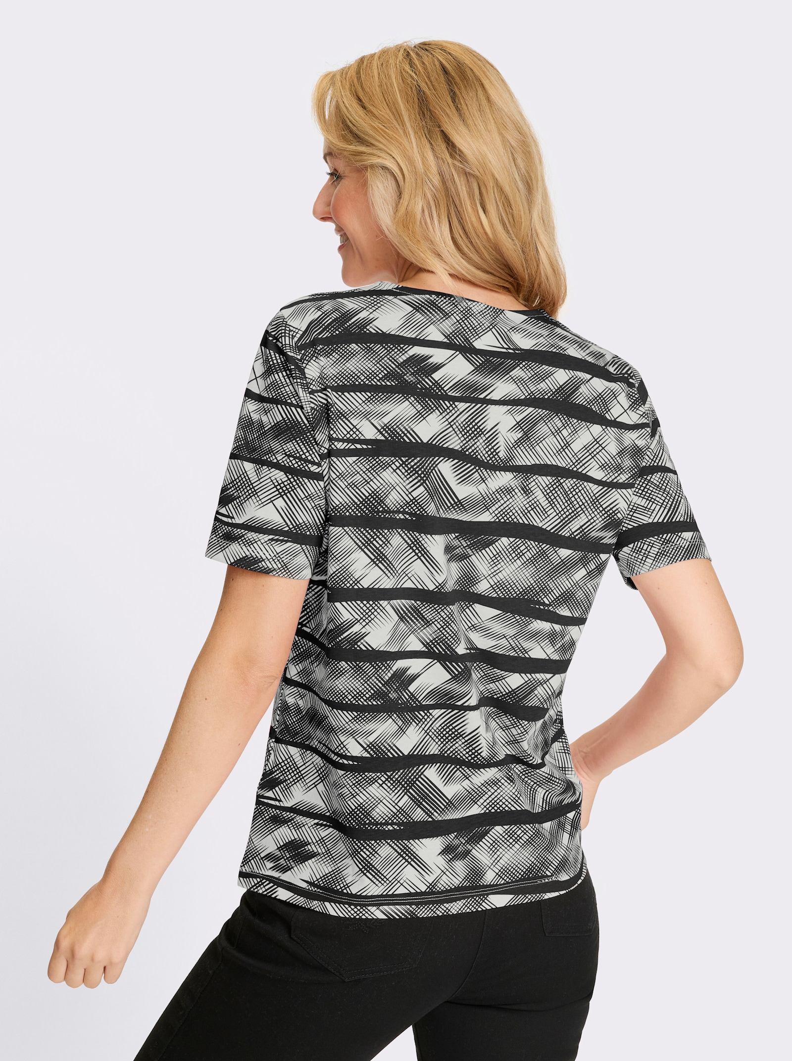 Kurzarmshirt aus reiner Baumwolle - schwarz-ecru-bedruckt