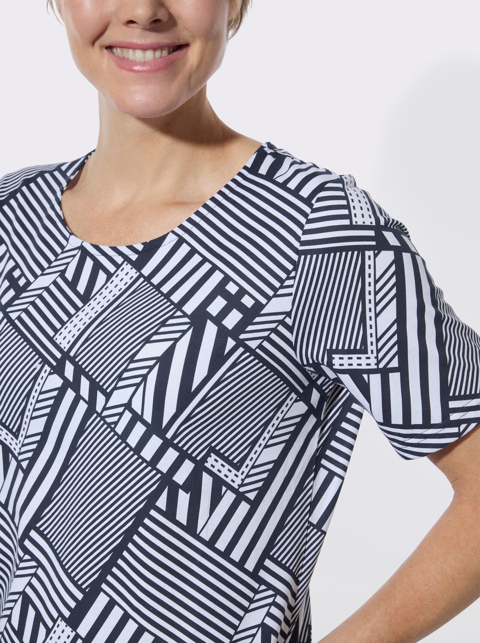 Rundhalsshirt im Grafik-Dessin - marine-weiß-bedruckt
