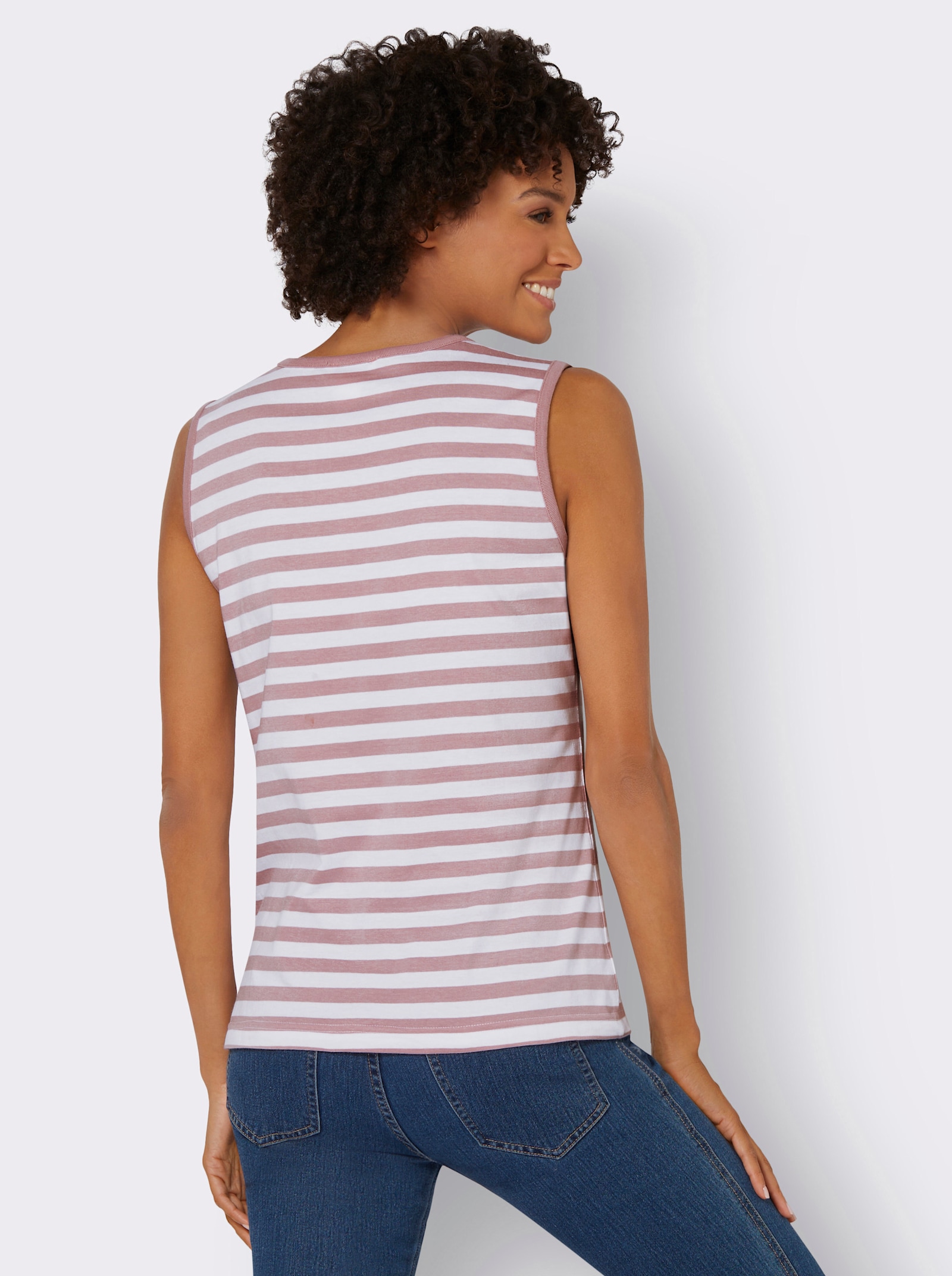 T-shirt rayé avec patte de boutonnage décorative - rose-blanc rayé