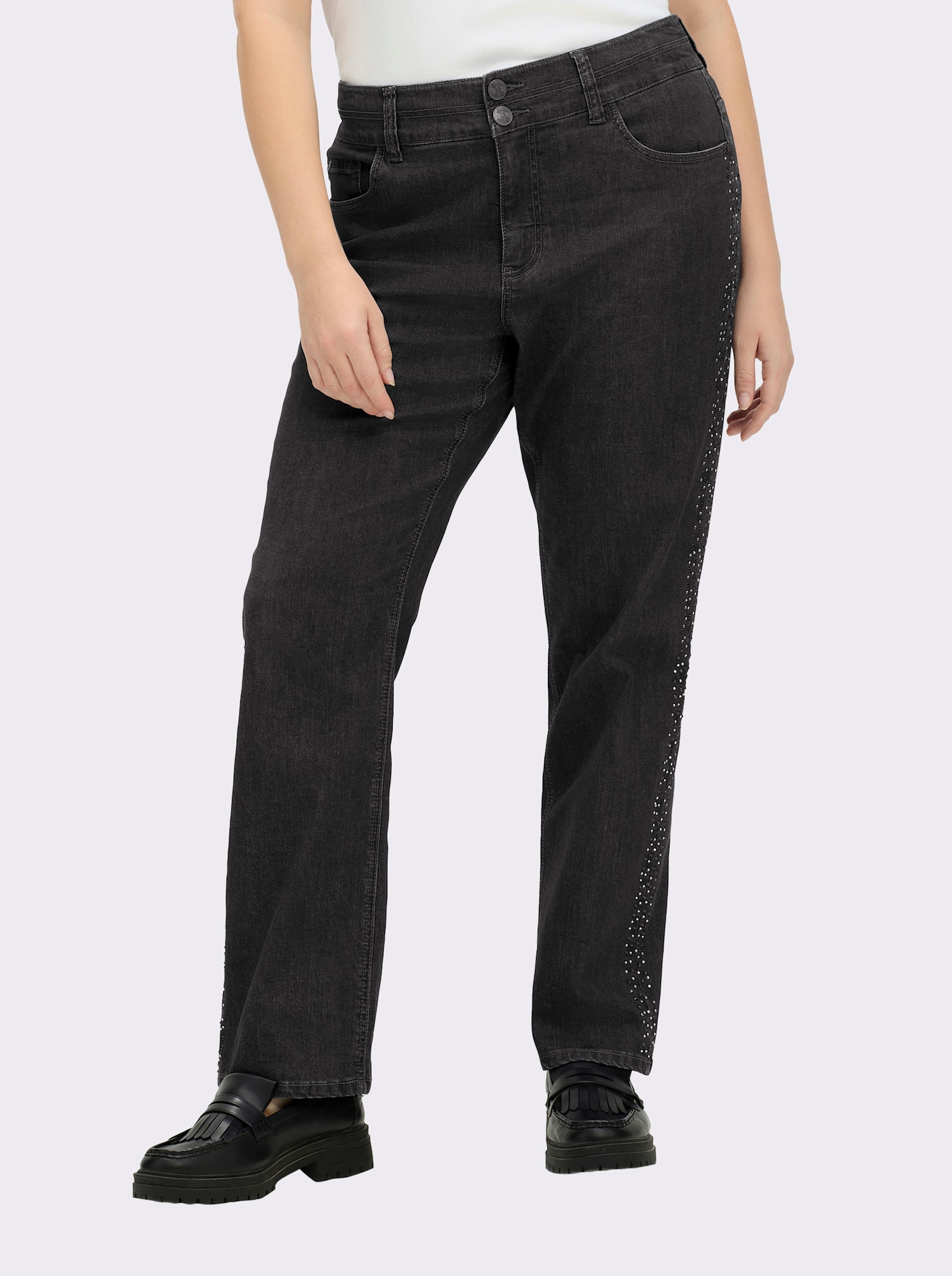 sheego Gerade Jeans mit Glitzersteinchen seitlich - black denim