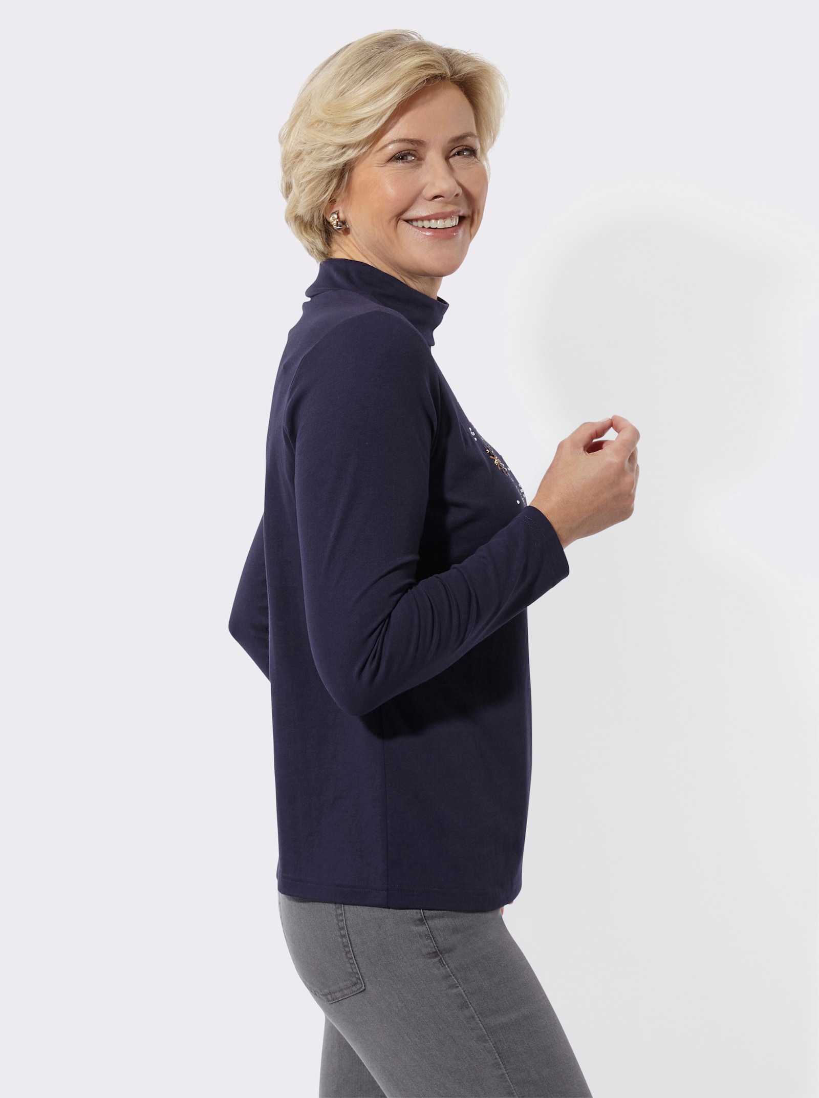 Stehkragenshirt mit Glitzersteinchen - marine